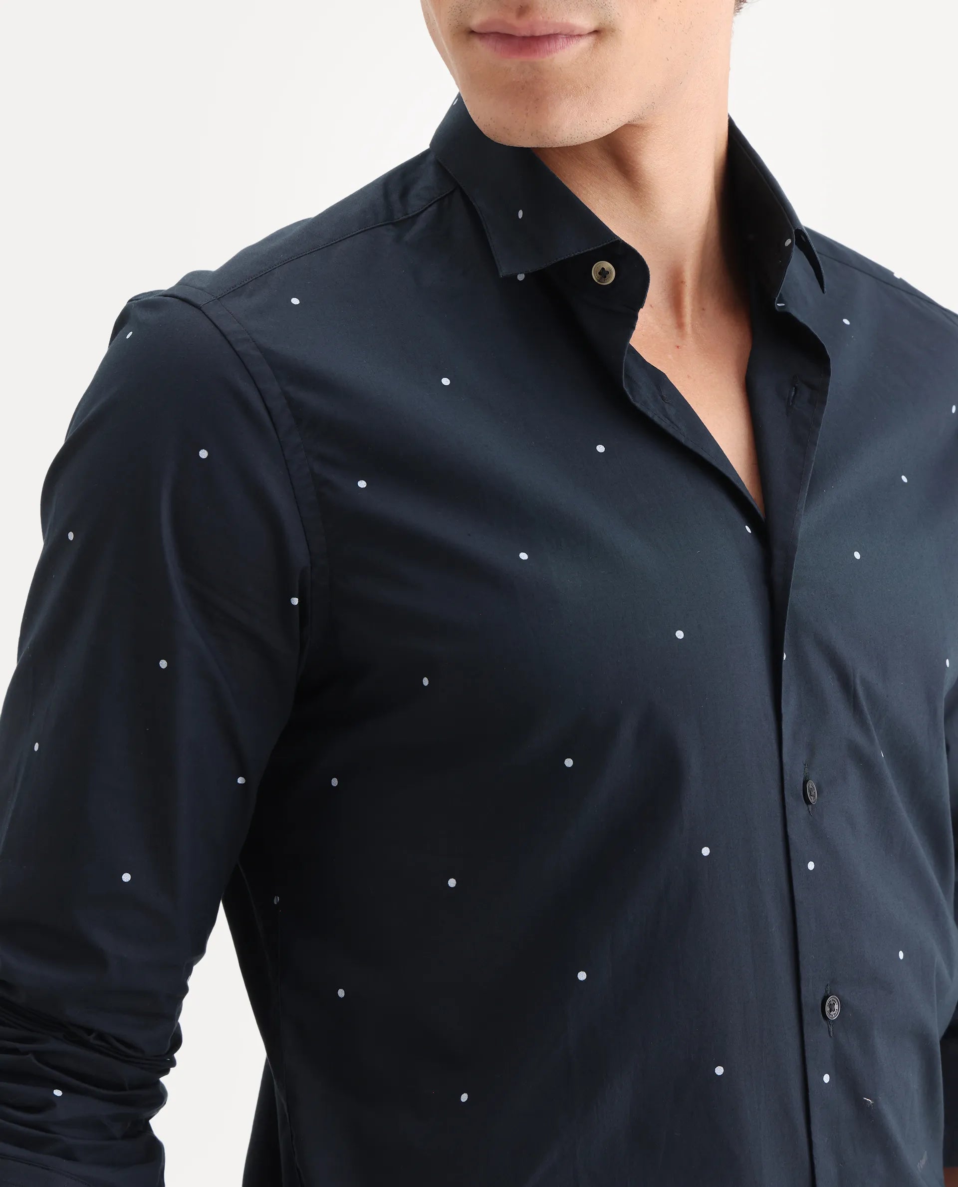 Rare Rabbit Men's Plutoo Black Cotton Polka Print Tailored Fit Full Sleeve Collared Shirt