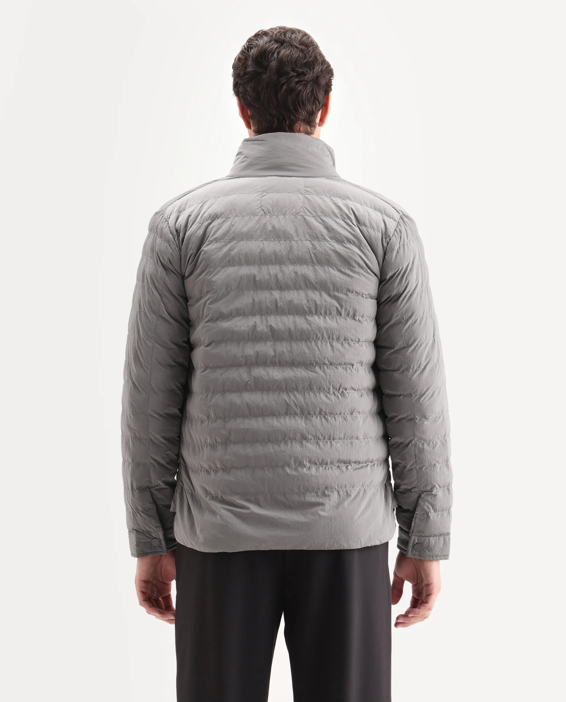 Rare Rabbit Men's Cadiz Silver Polyester Plain Relaxed Fit Full Sleeve High Neck Jacket