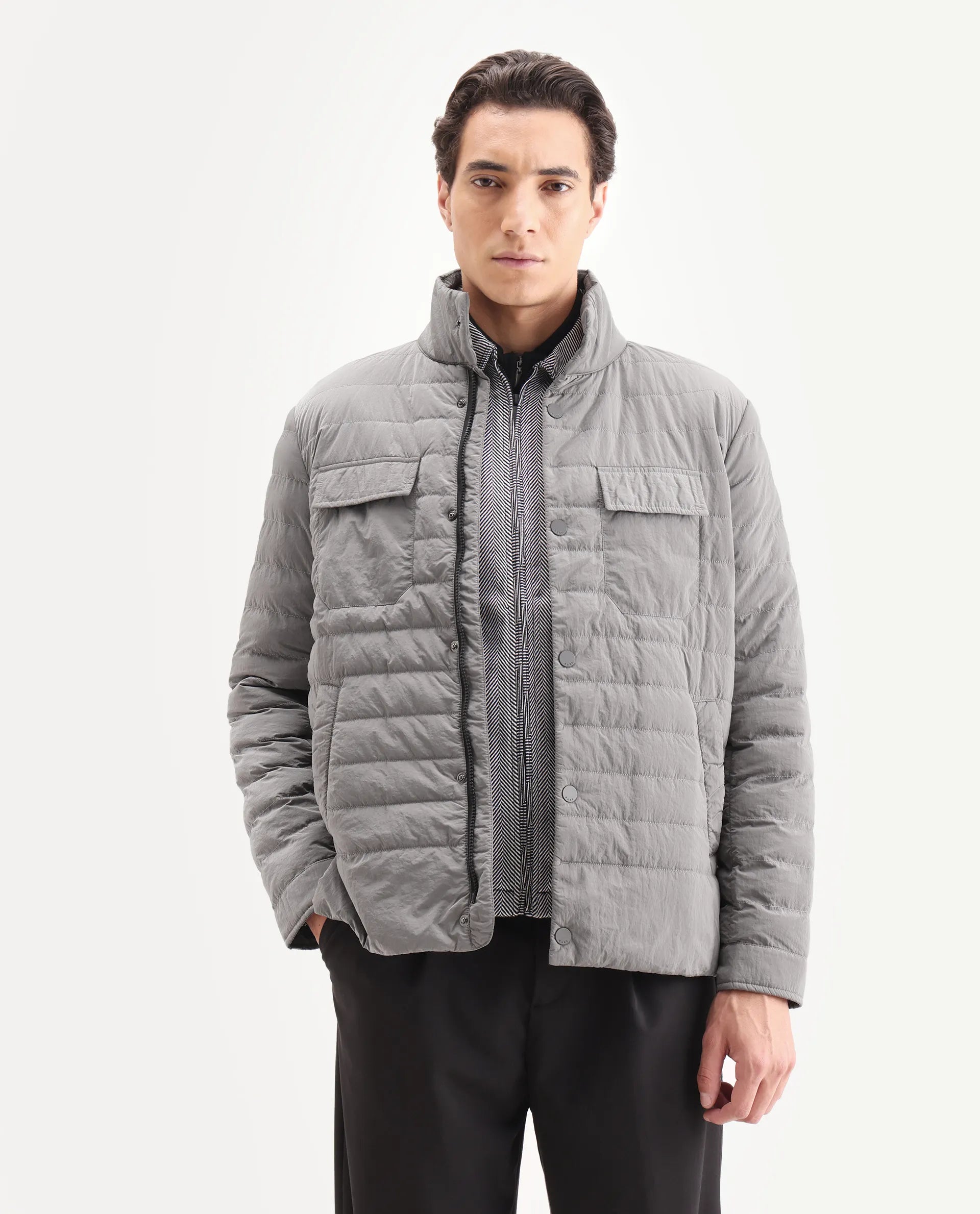 Rare Rabbit Men's Cadiz Silver Polyester Plain Relaxed Fit Full Sleeve High Neck Jacket