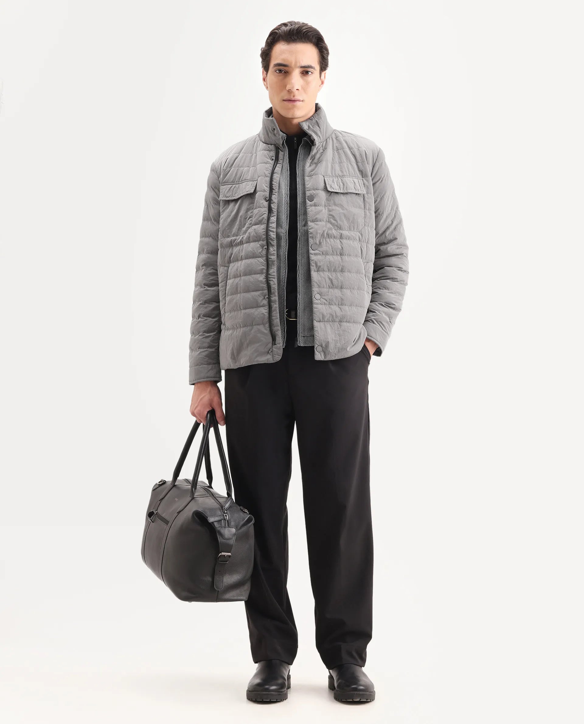 Rare Rabbit Men's Cadiz Silver Polyester Plain Relaxed Fit Full Sleeve High Neck Jacket