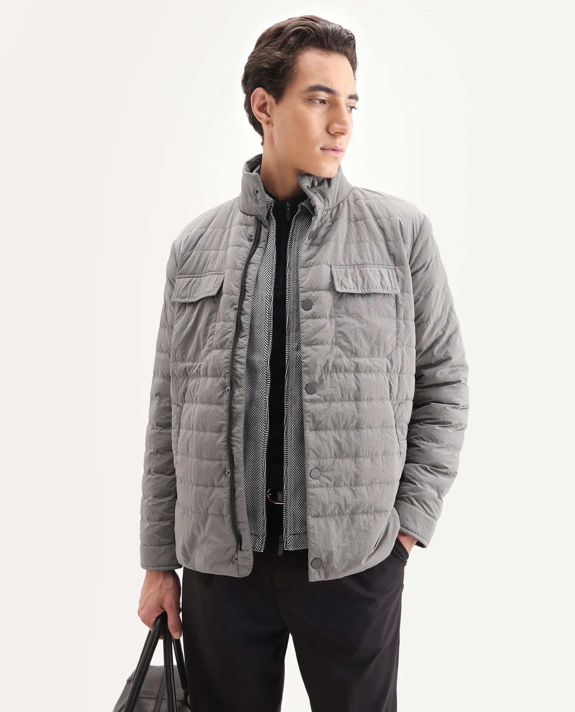 Rare Rabbit Men's Cadiz Silver Polyester Plain Relaxed Fit Full Sleeve High Neck Jacket