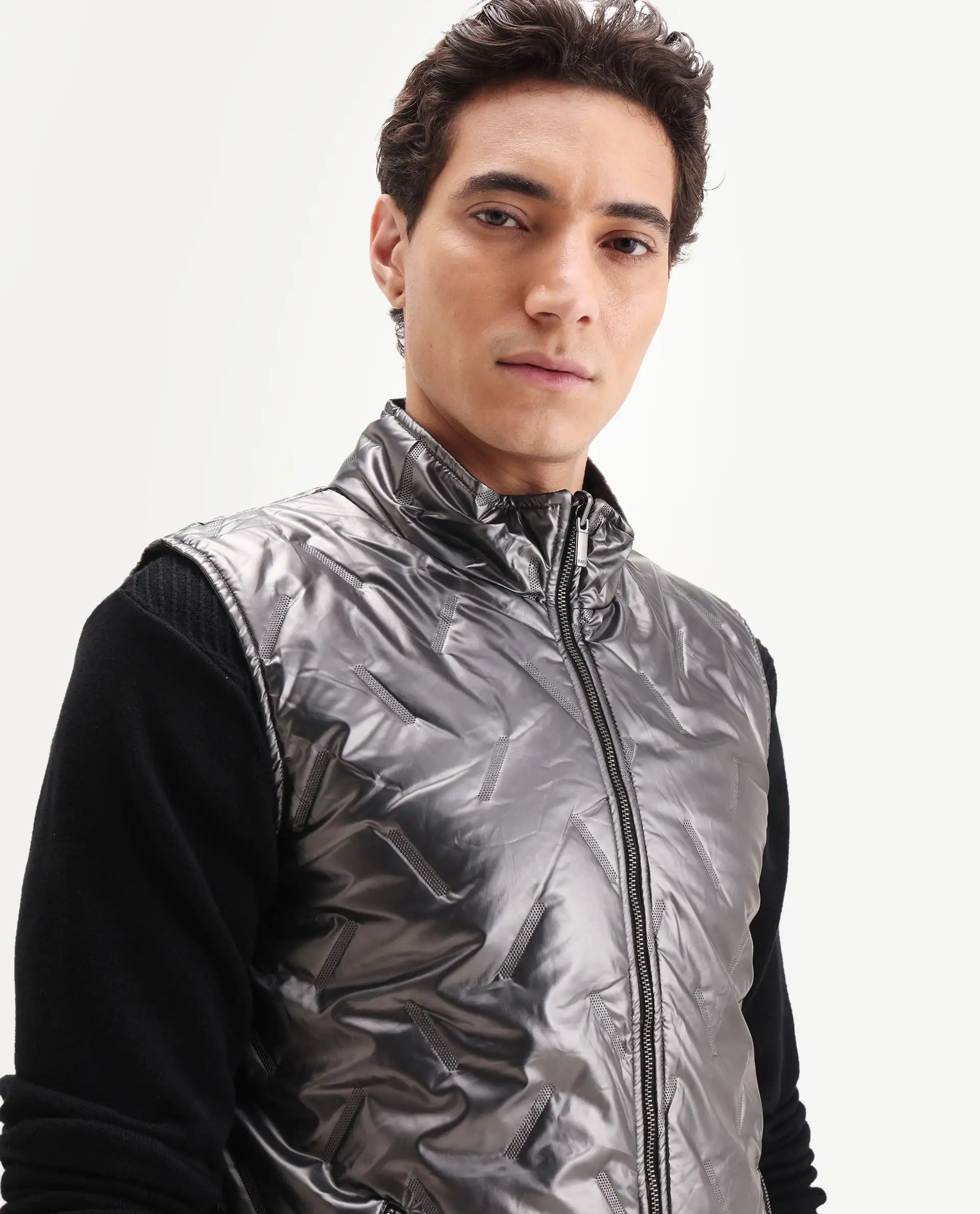 Rare Rabbit Men's Linda Metalic Silver Polyester Plain Regular Fit Sleeveless High Neck Jacket