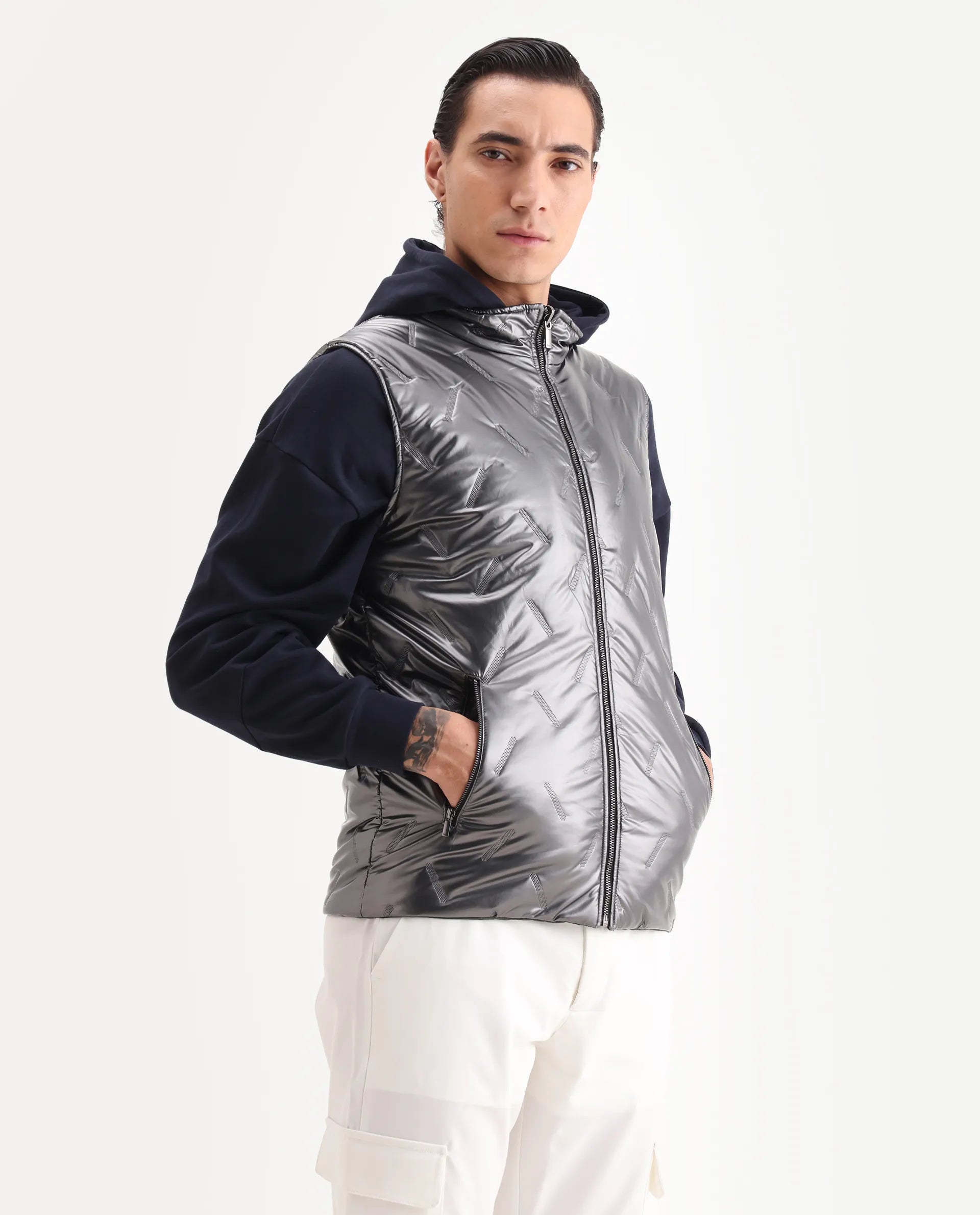 Rare Rabbit Men's Linda Metalic Silver Polyester Plain Regular Fit Sleeveless High Neck Jacket