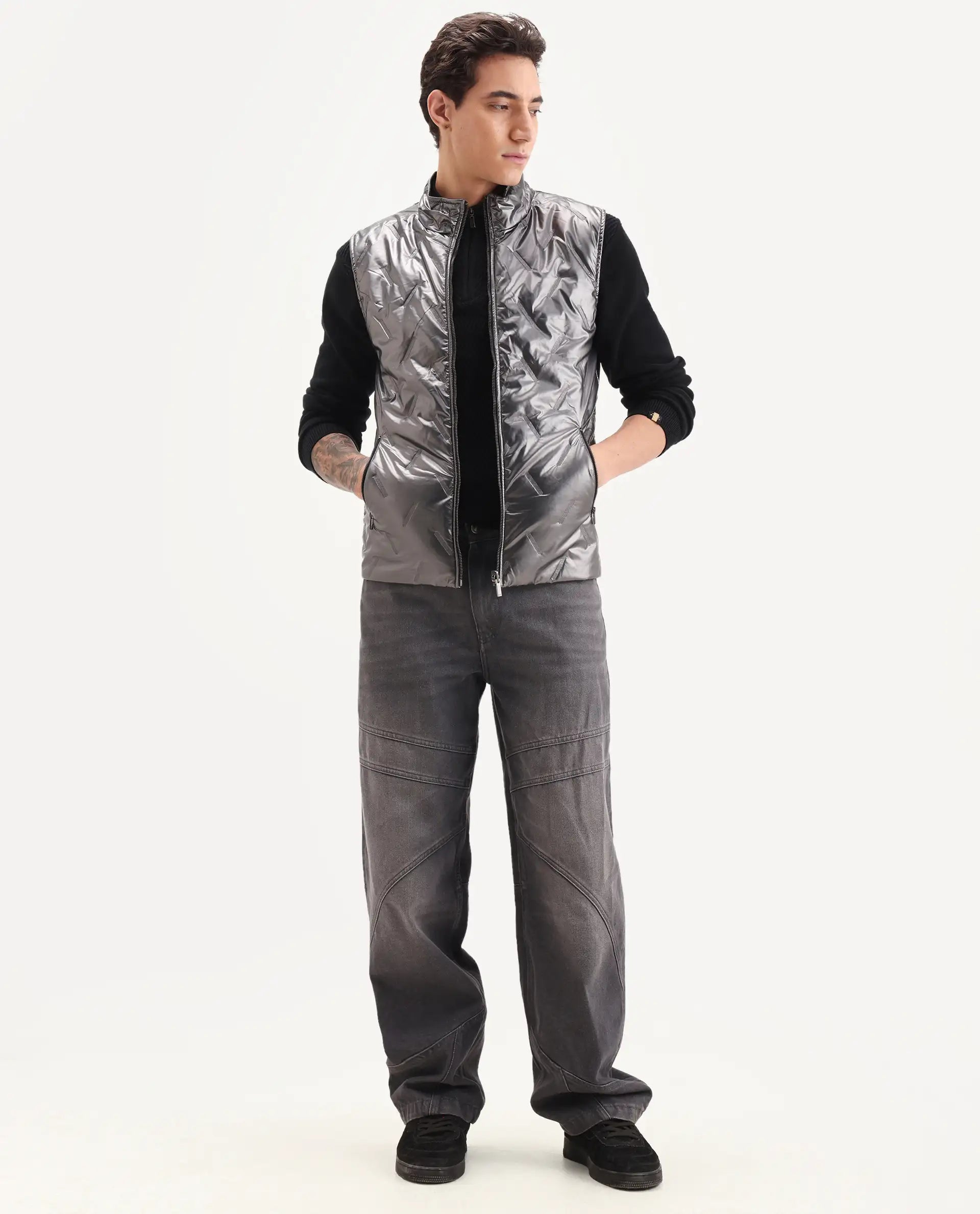 Rare Rabbit Men's Linda Metalic Silver Polyester Plain Regular Fit Sleeveless High Neck Jacket