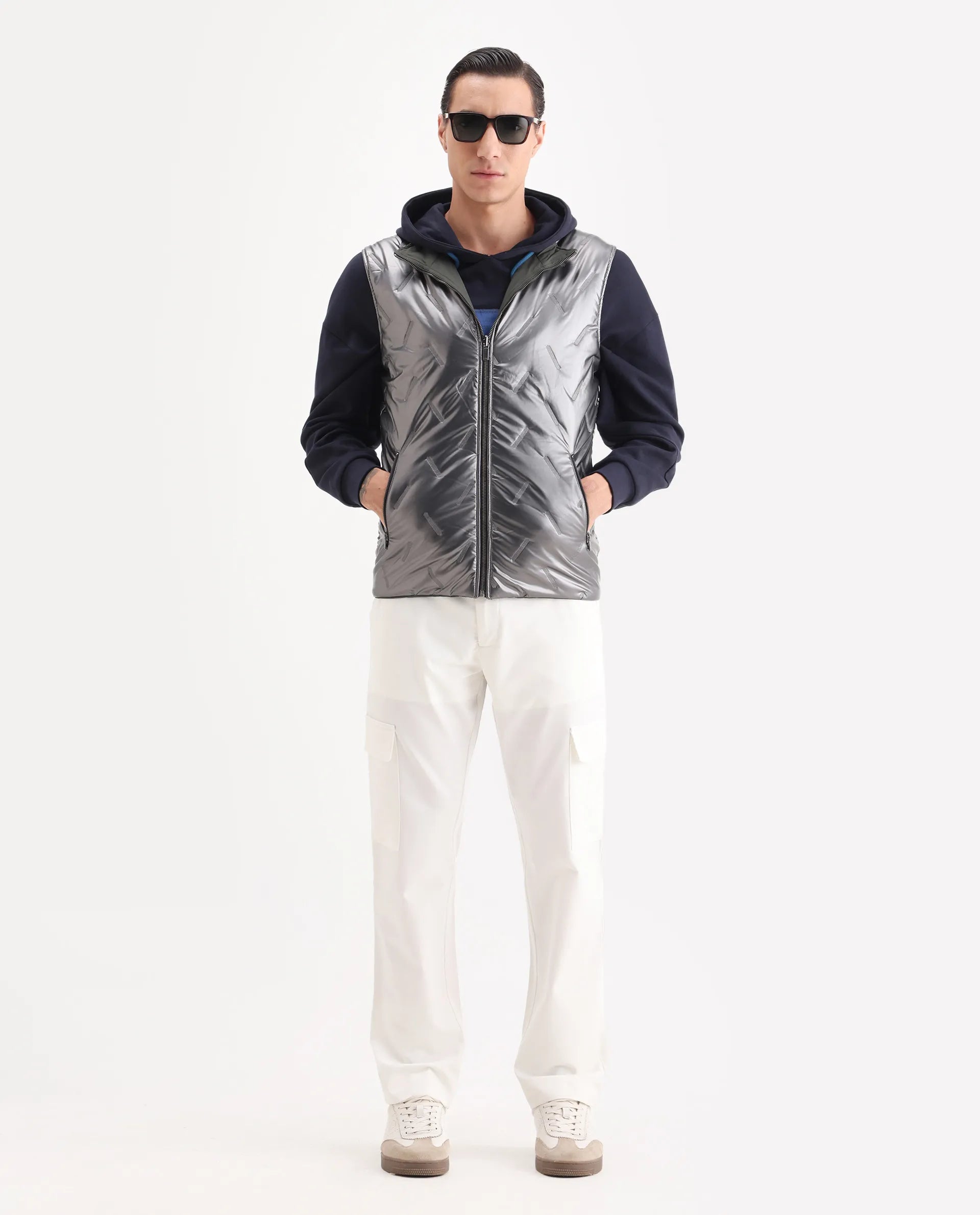 Rare Rabbit Men's Linda Metalic Silver Polyester Plain Regular Fit Sleeveless High Neck Jacket