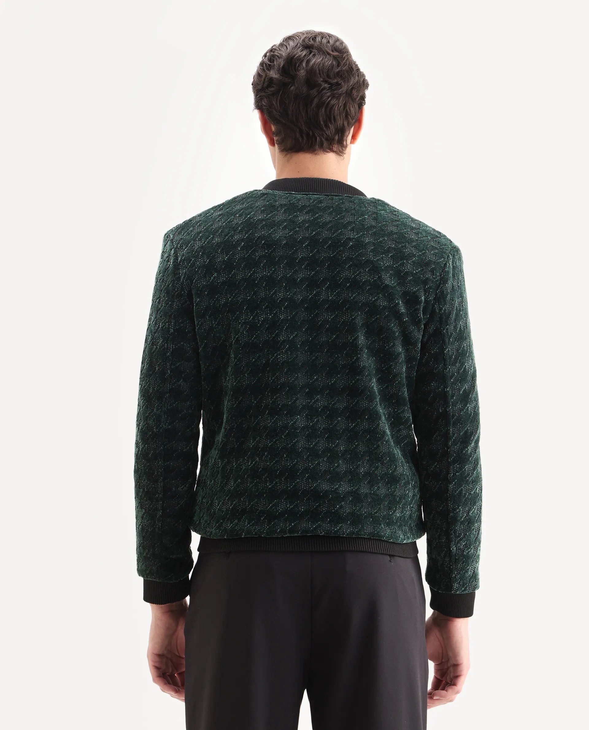 Rare Rabbit Men's Beldon Dark Green Velvet Textured Regular Fit Full Sleeve Stand Collar Jacket