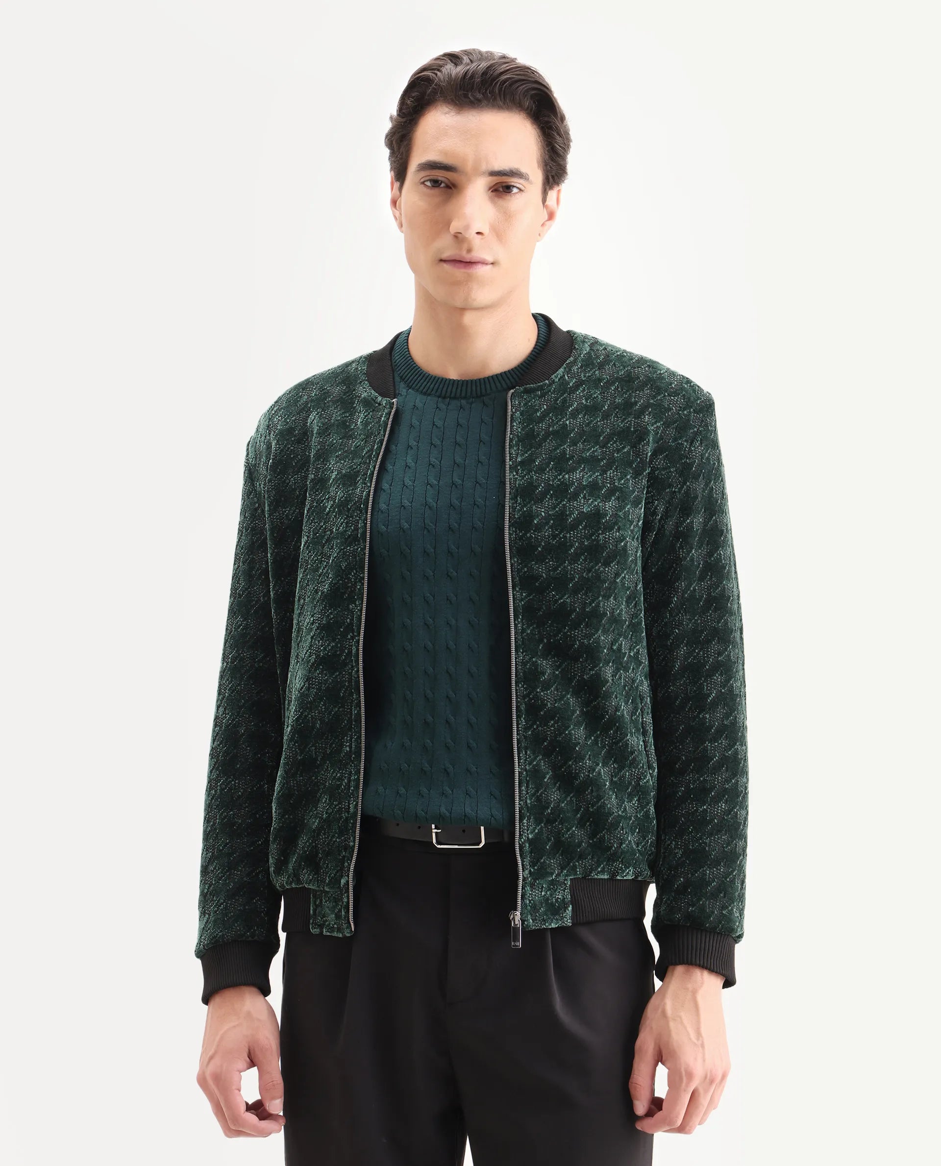 Rare Rabbit Men's Beldon Dark Green Velvet Textured Regular Fit Full Sleeve Stand Collar Jacket