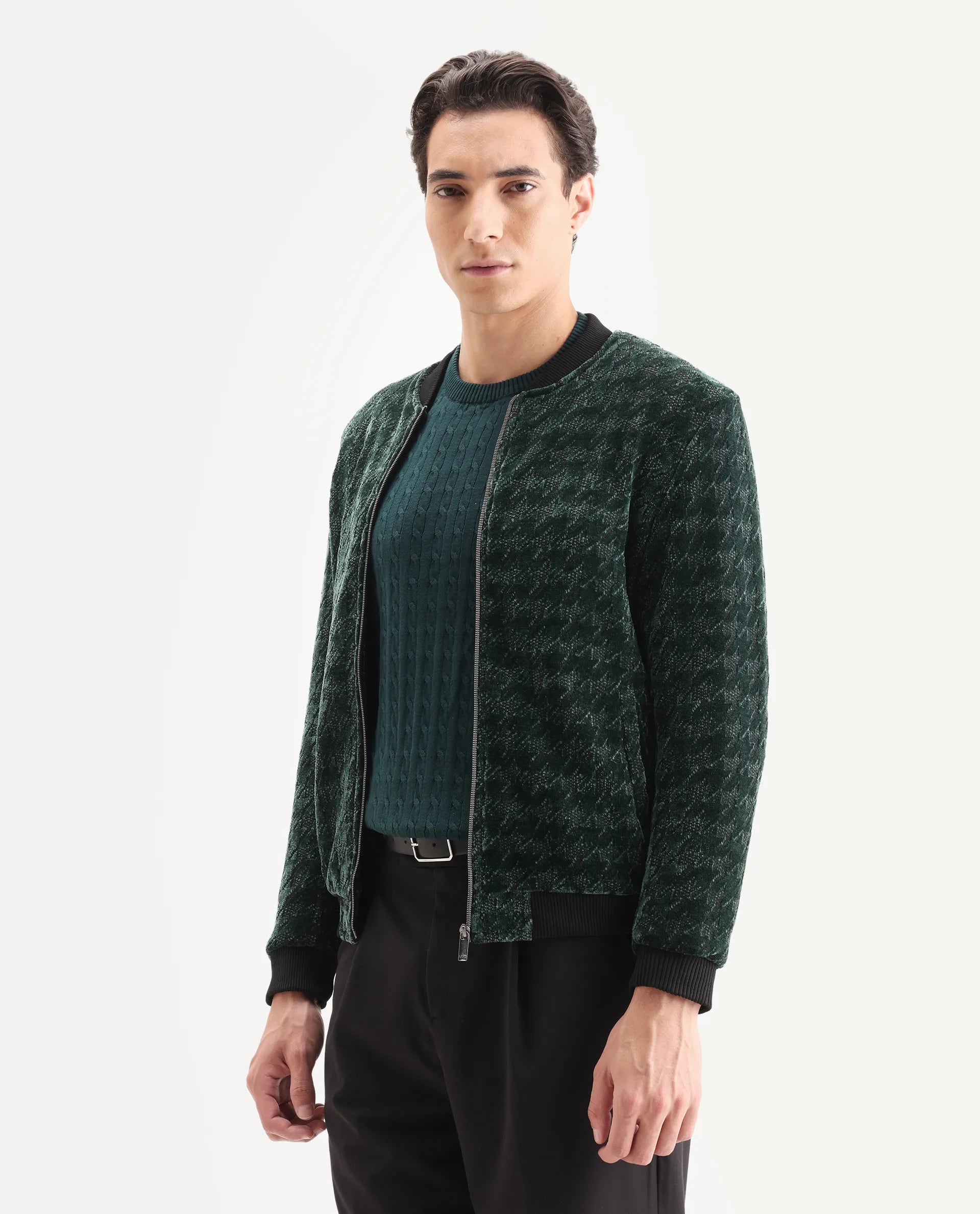 Rare Rabbit Men's Beldon Dark Green Velvet Textured Regular Fit Full Sleeve Stand Collar Jacket