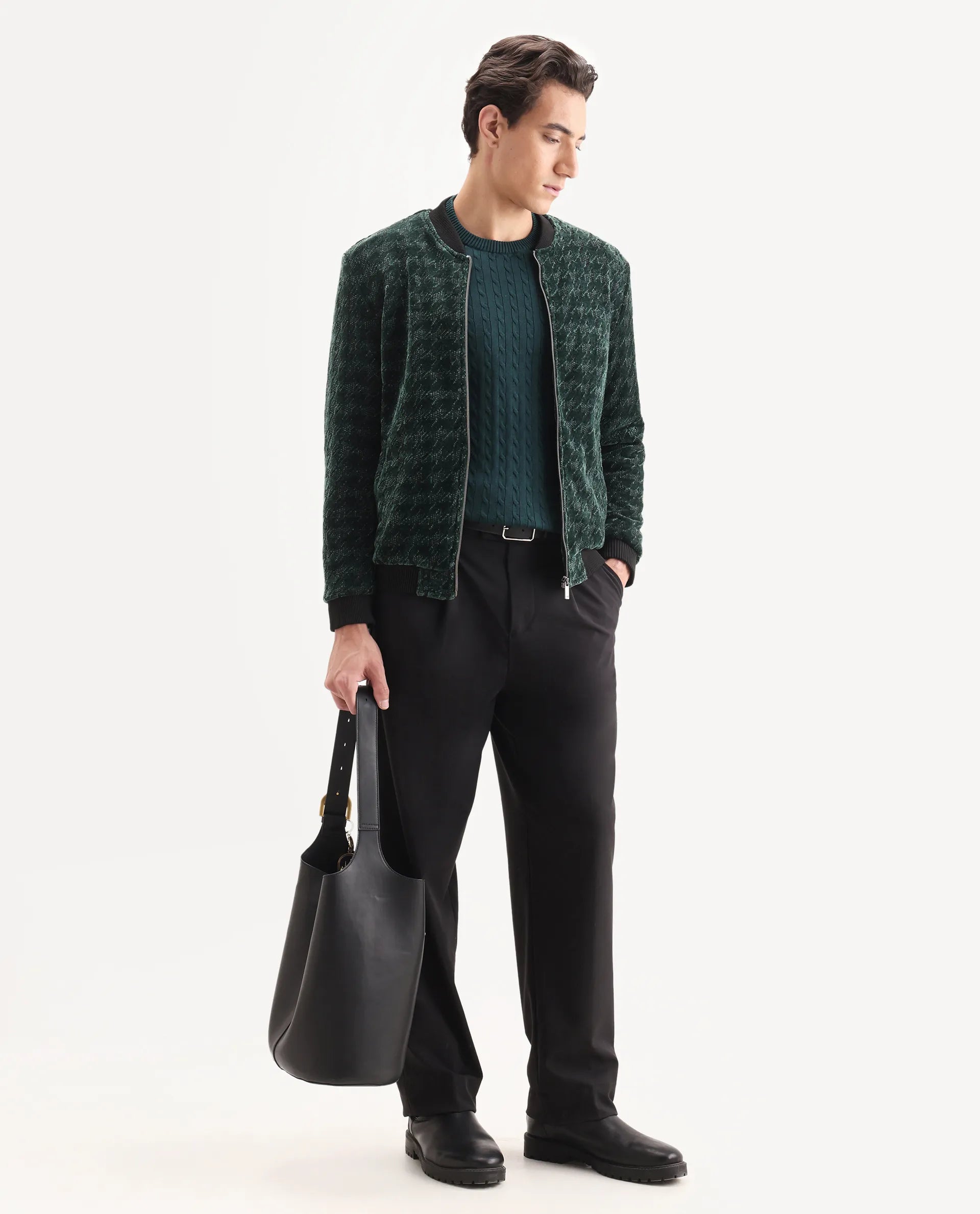 Rare Rabbit Men's Beldon Dark Green Velvet Textured Regular Fit Full Sleeve Stand Collar Jacket