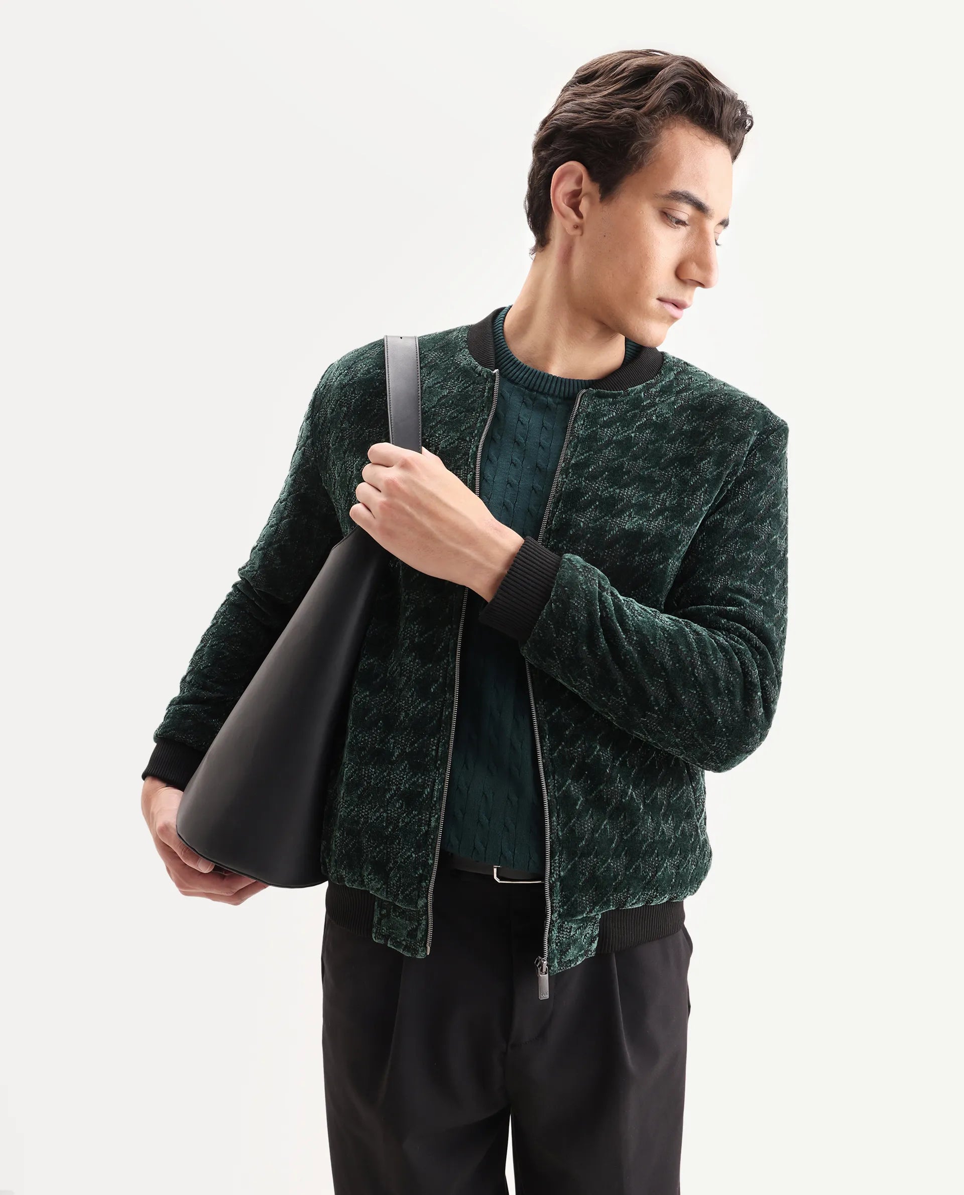 Rare Rabbit Men's Beldon Dark Green Velvet Textured Regular Fit Full Sleeve Stand Collar Jacket