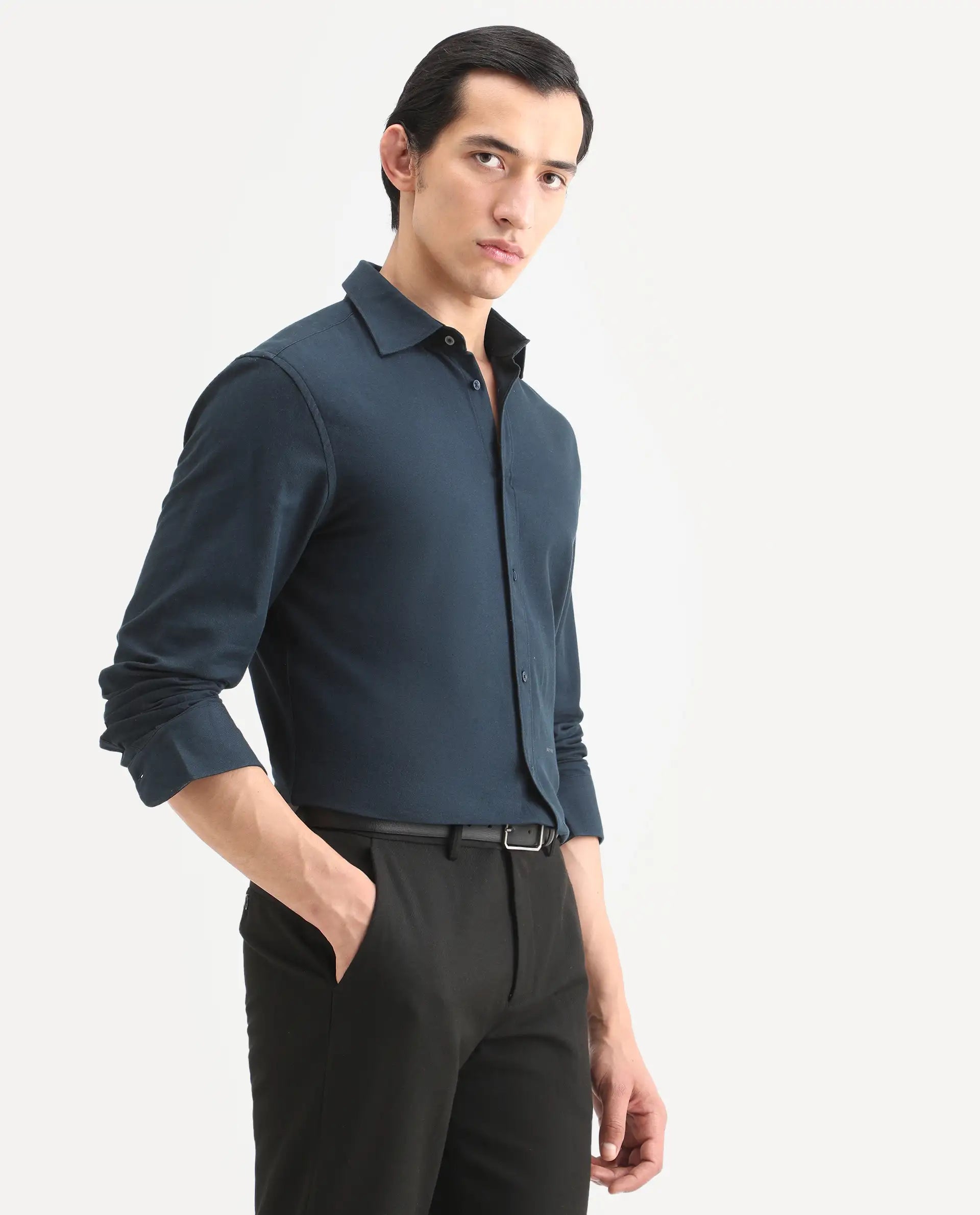 Rare Rabbit Men's Otago Navy Cotton Plain Regular Fit Full Sleeve Collared Shirt