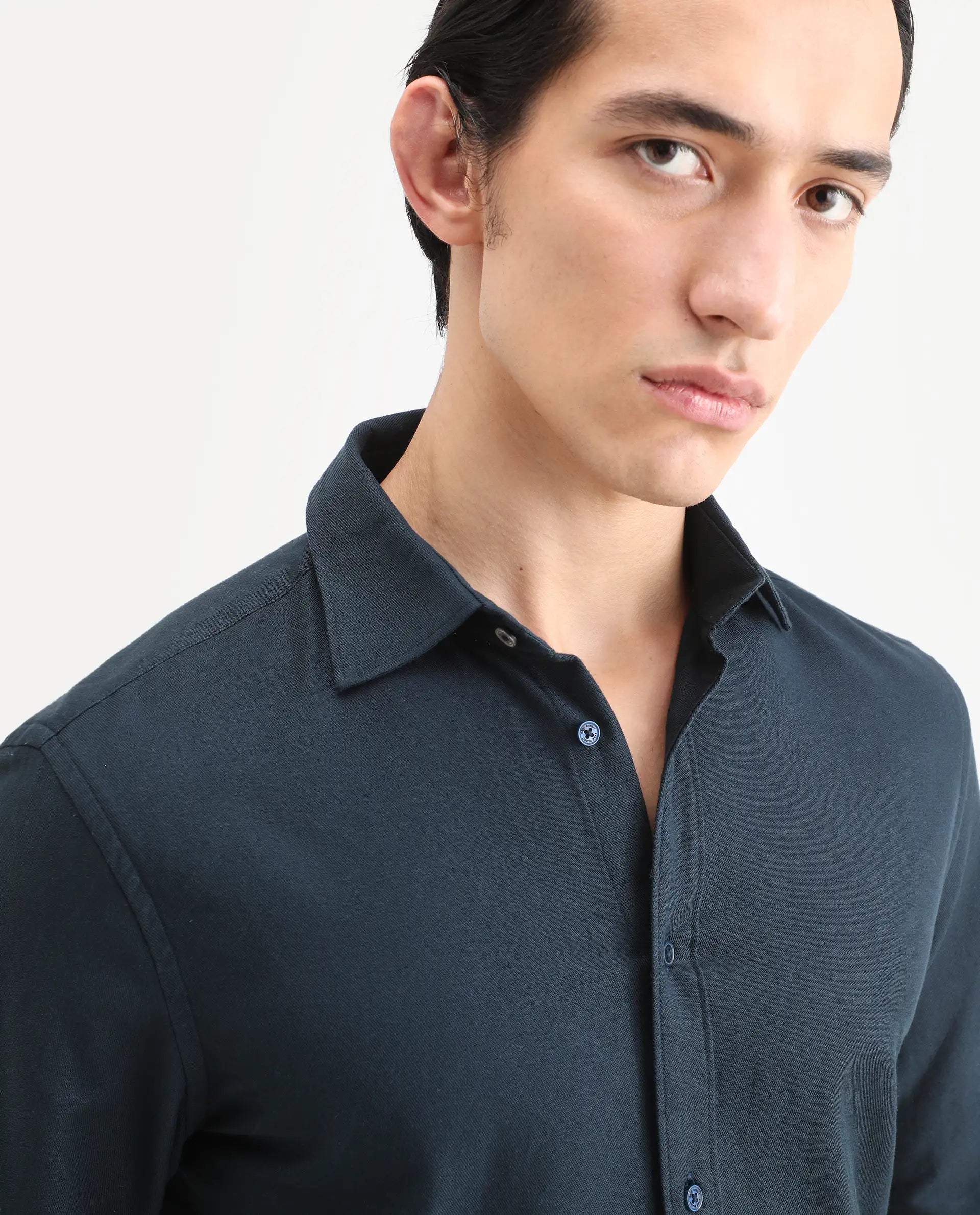 Rare Rabbit Men's Otago Navy Cotton Plain Regular Fit Full Sleeve Collared Shirt