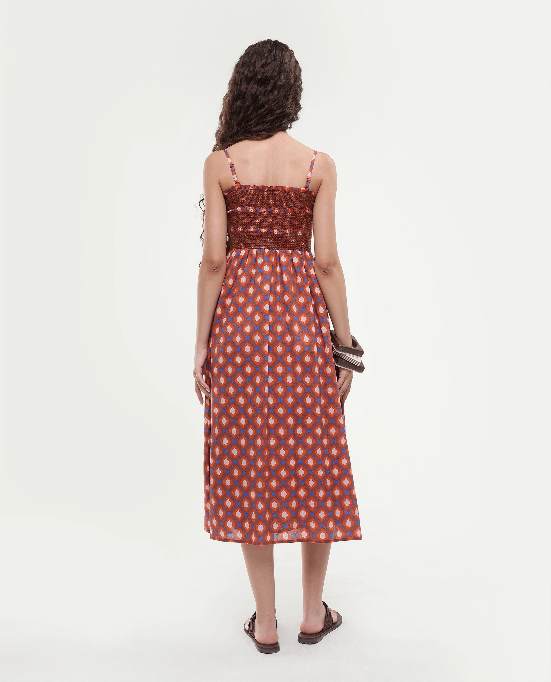 Rareism Women's Stewart Multi Cotton Shoulder Strap Geometric Print Shoulder Strap Midi Fit And Flare Dress