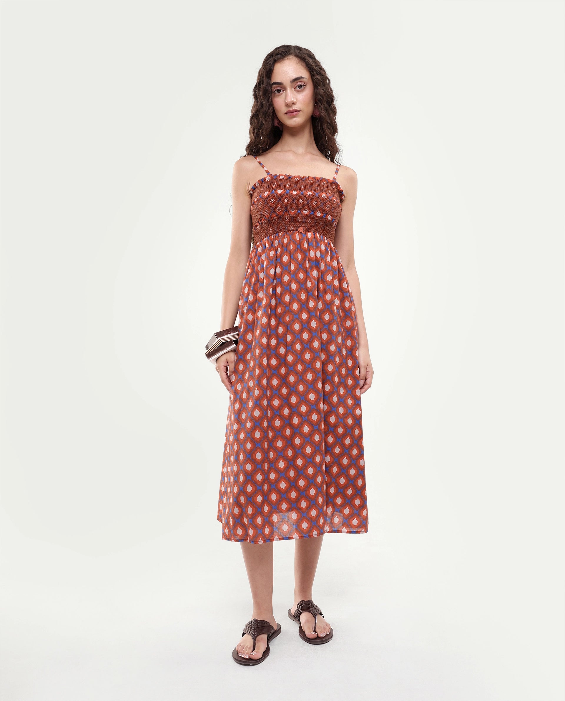 Rareism Women's Stewart Multi Cotton Shoulder Strap Geometric Print Shoulder Strap Midi Fit And Flare Dress