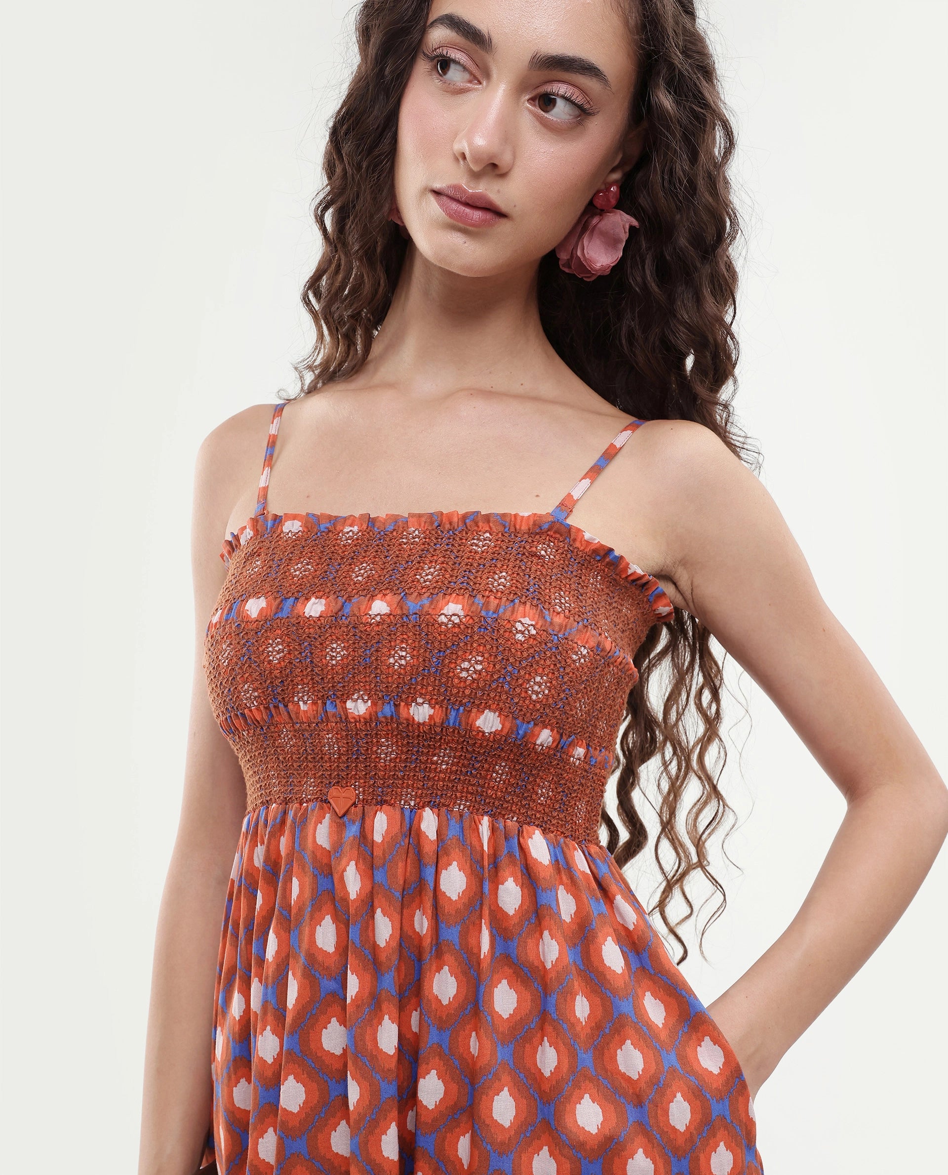 Rareism Women's Stewart Multi Cotton Shoulder Strap Geometric Print Shoulder Strap Midi Fit And Flare Dress