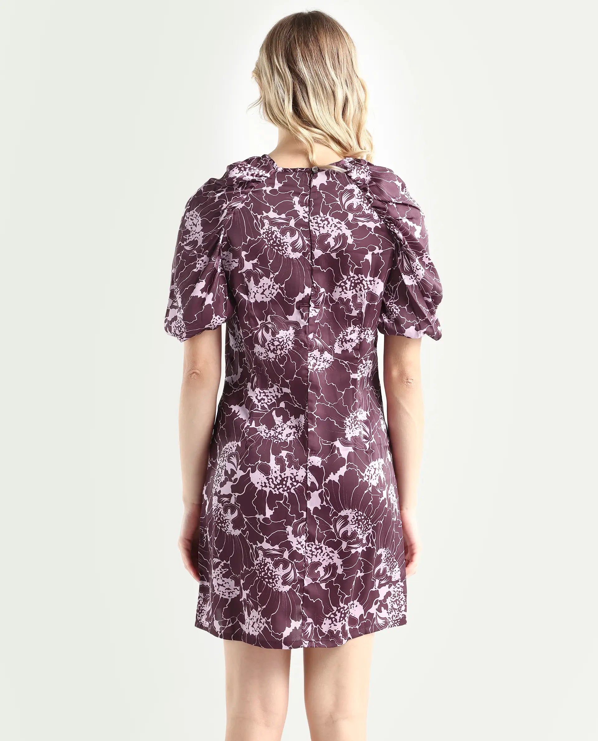 Rareism Women's Christie Dark Maroon Polyester Crew Neck Floral Print Puff Sleeves Mini Slim Fit Dress