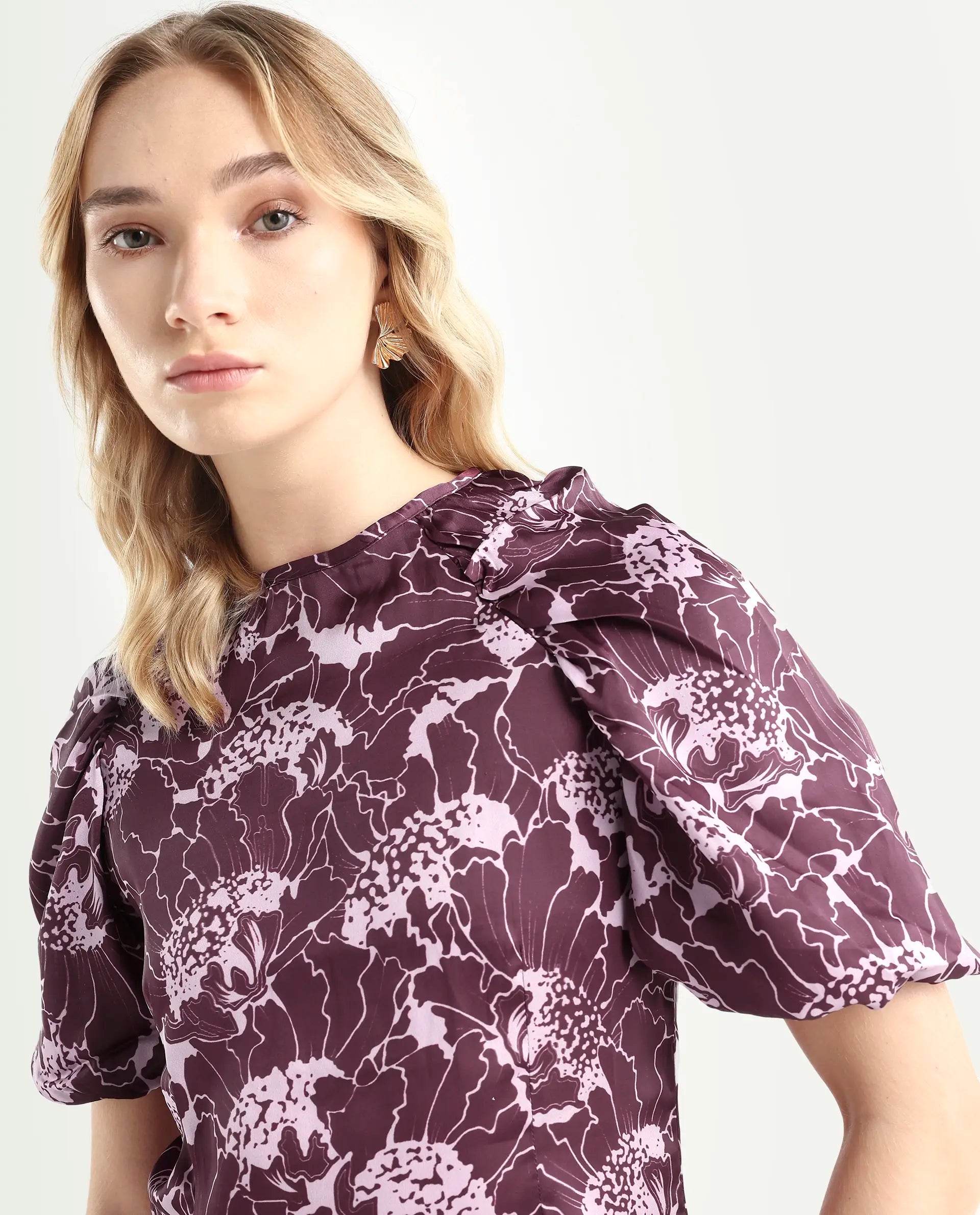 Rareism Women's Christie Dark Maroon Polyester Crew Neck Floral Print Puff Sleeves Mini Slim Fit Dress