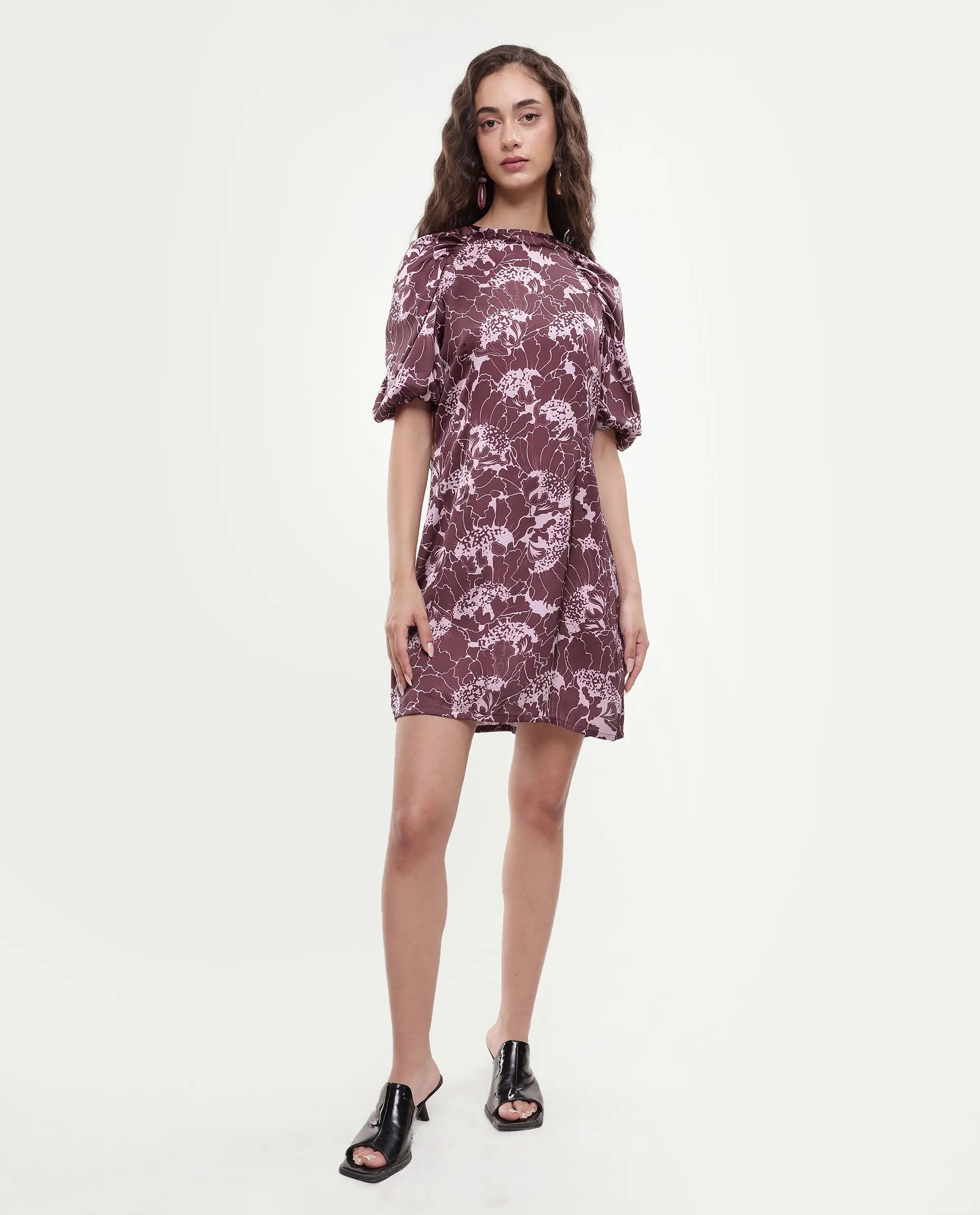 Rareism Women's Christie Dark Maroon Polyester Crew Neck Floral Print Puff Sleeves Mini Slim Fit Dress