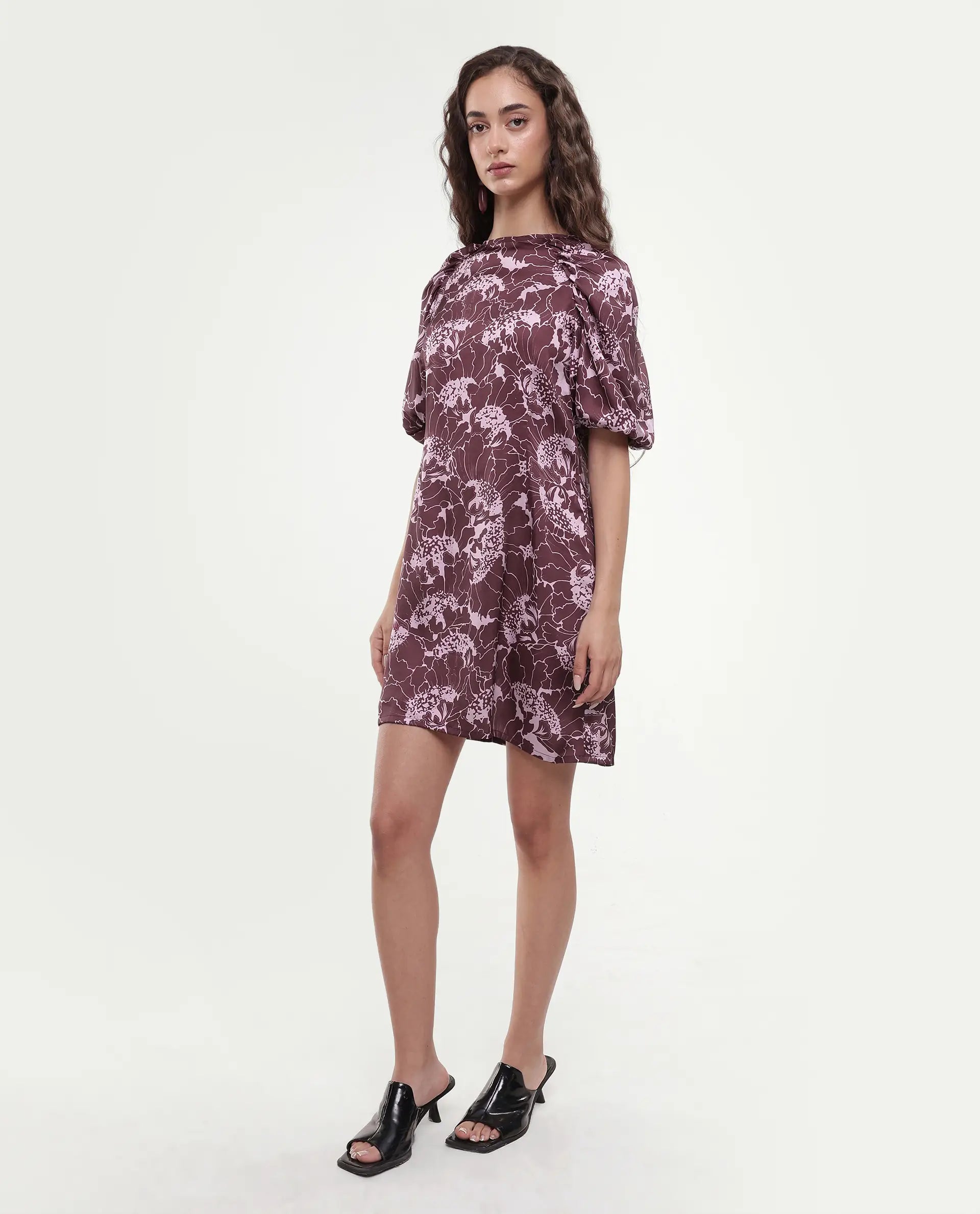 Rareism Women's Christie Dark Maroon Polyester Crew Neck Floral Print Puff Sleeves Mini Slim Fit Dress