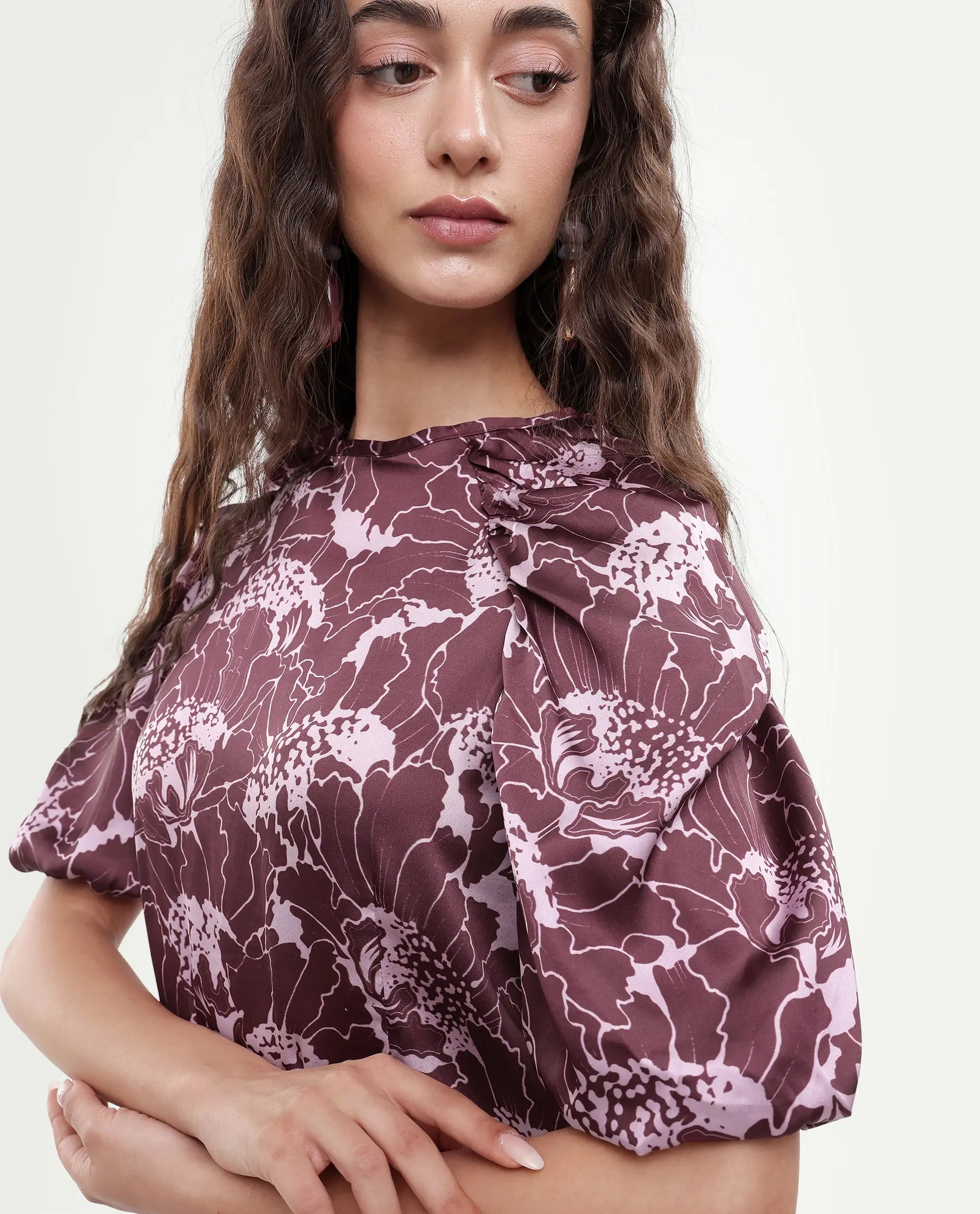 Rareism Women's Christie Dark Maroon Polyester Crew Neck Floral Print Puff Sleeves Mini Slim Fit Dress