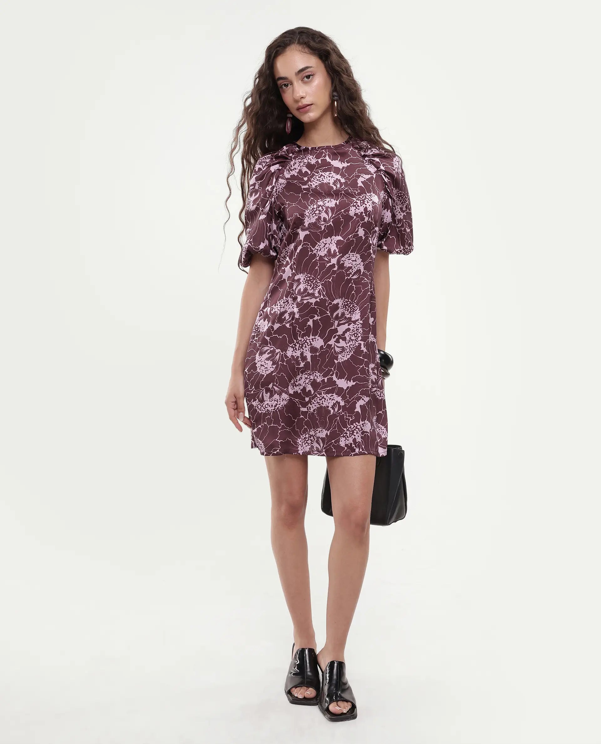 Rareism Women's Christie Dark Maroon Polyester Crew Neck Floral Print Puff Sleeves Mini Slim Fit Dress