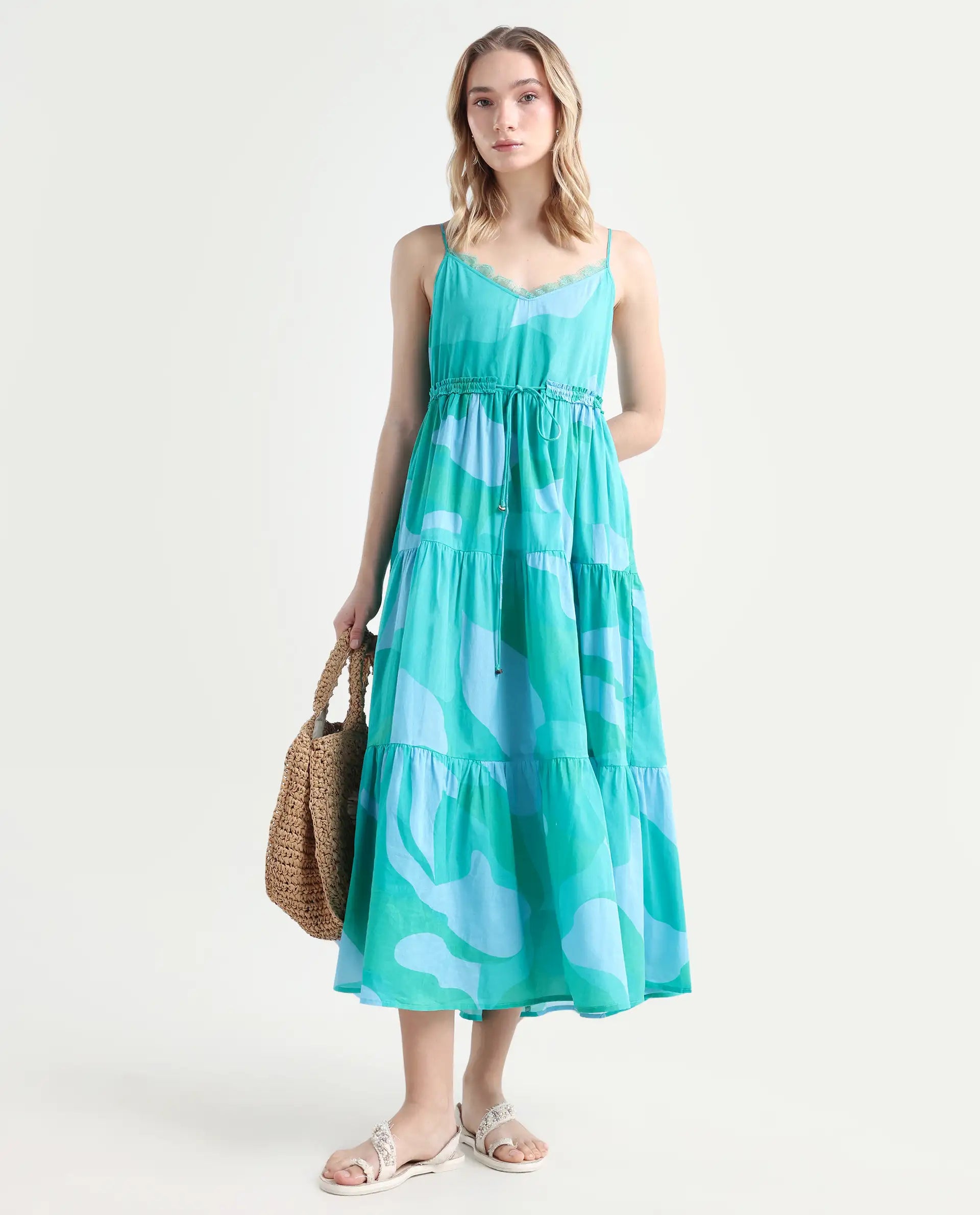 Rareism Women's Reid Green Cotton Shoulder Strap Abstract Print Shoulder Strap Midi Fit And Flare Dress