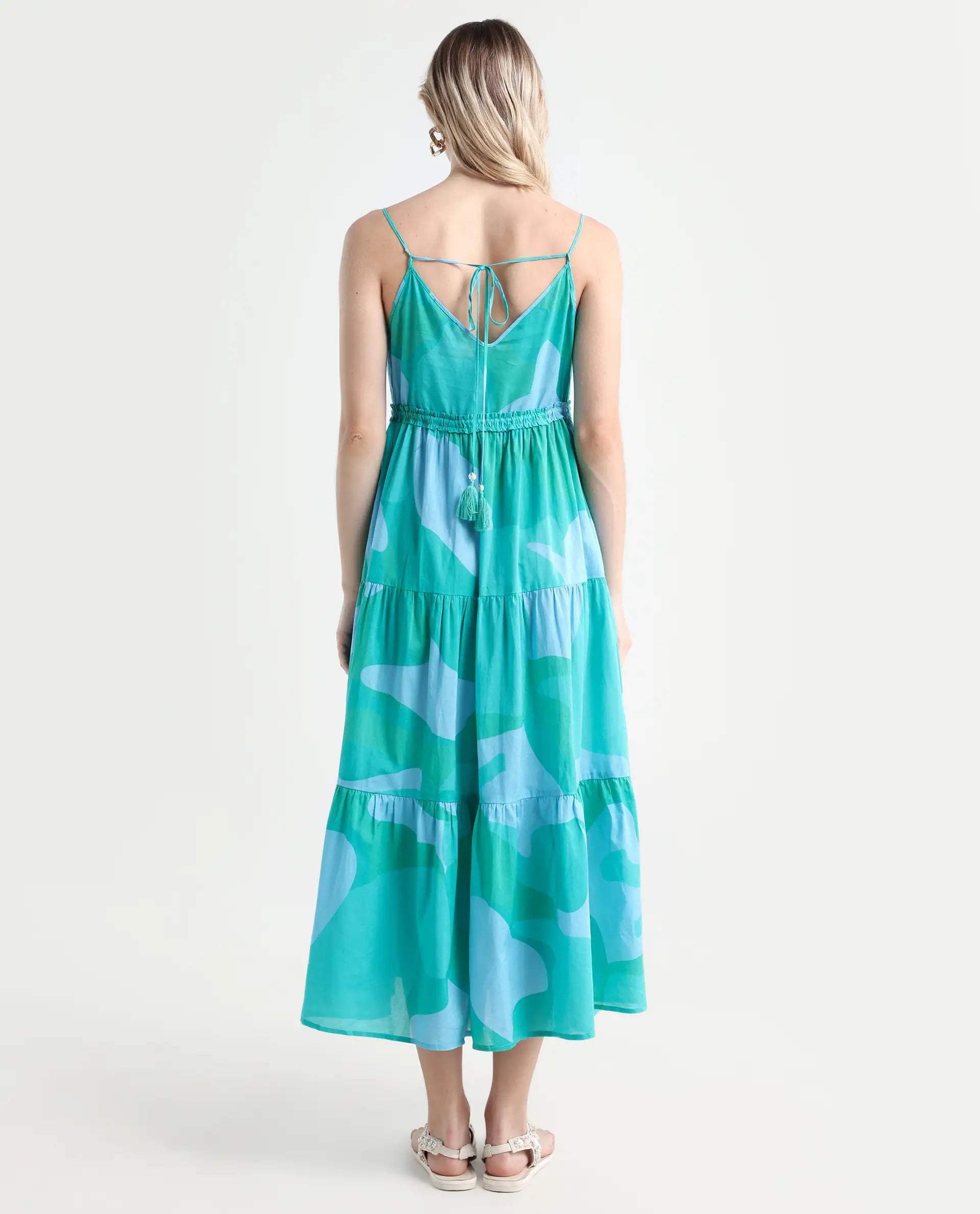 Rareism Women's Reid Green Cotton Shoulder Strap Abstract Print Shoulder Strap Midi Fit And Flare Dress