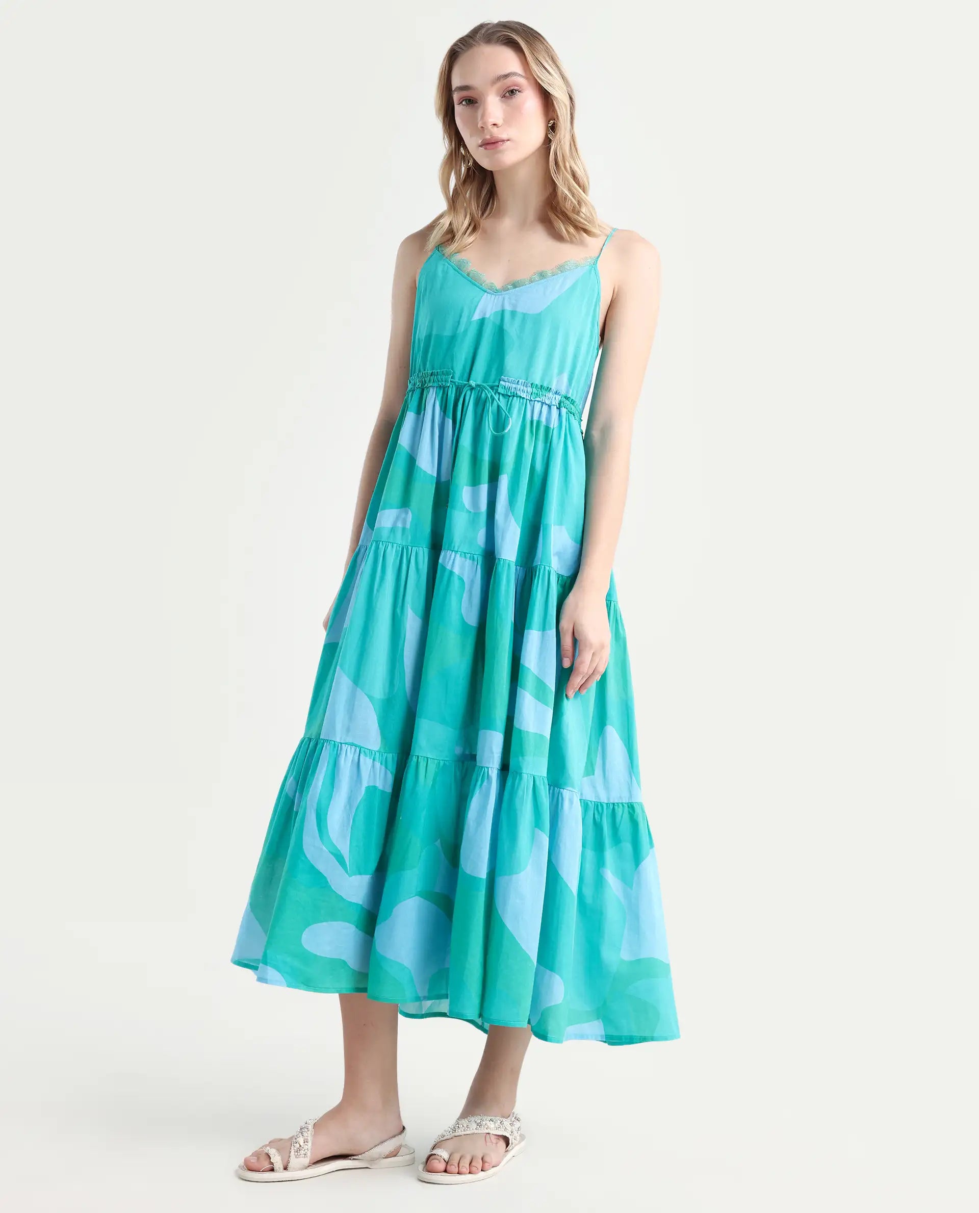 Rareism Women's Reid Green Cotton Shoulder Strap Abstract Print Shoulder Strap Midi Fit And Flare Dress