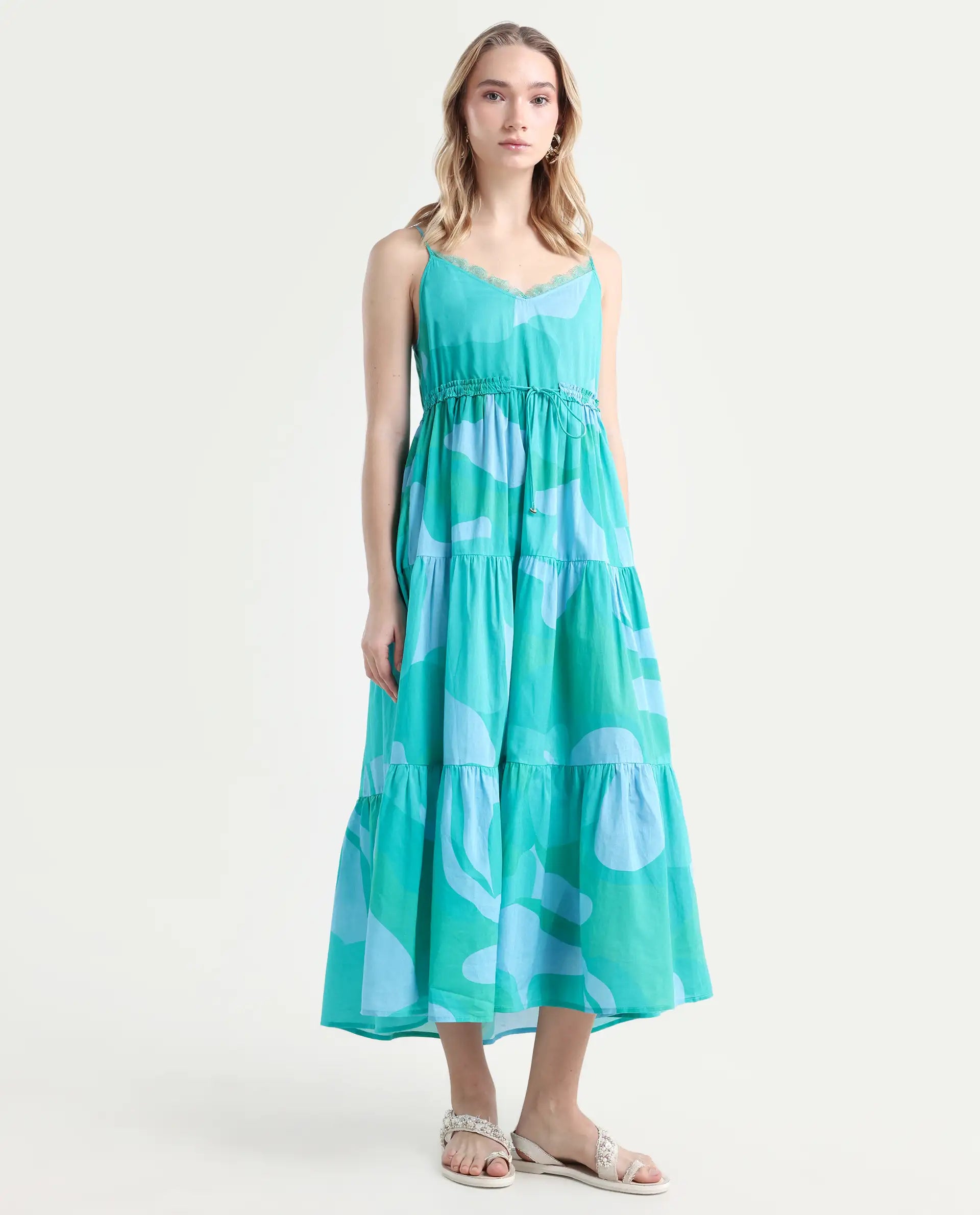 Rareism Women's Reid Green Cotton Shoulder Strap Abstract Print Shoulder Strap Midi Fit And Flare Dress