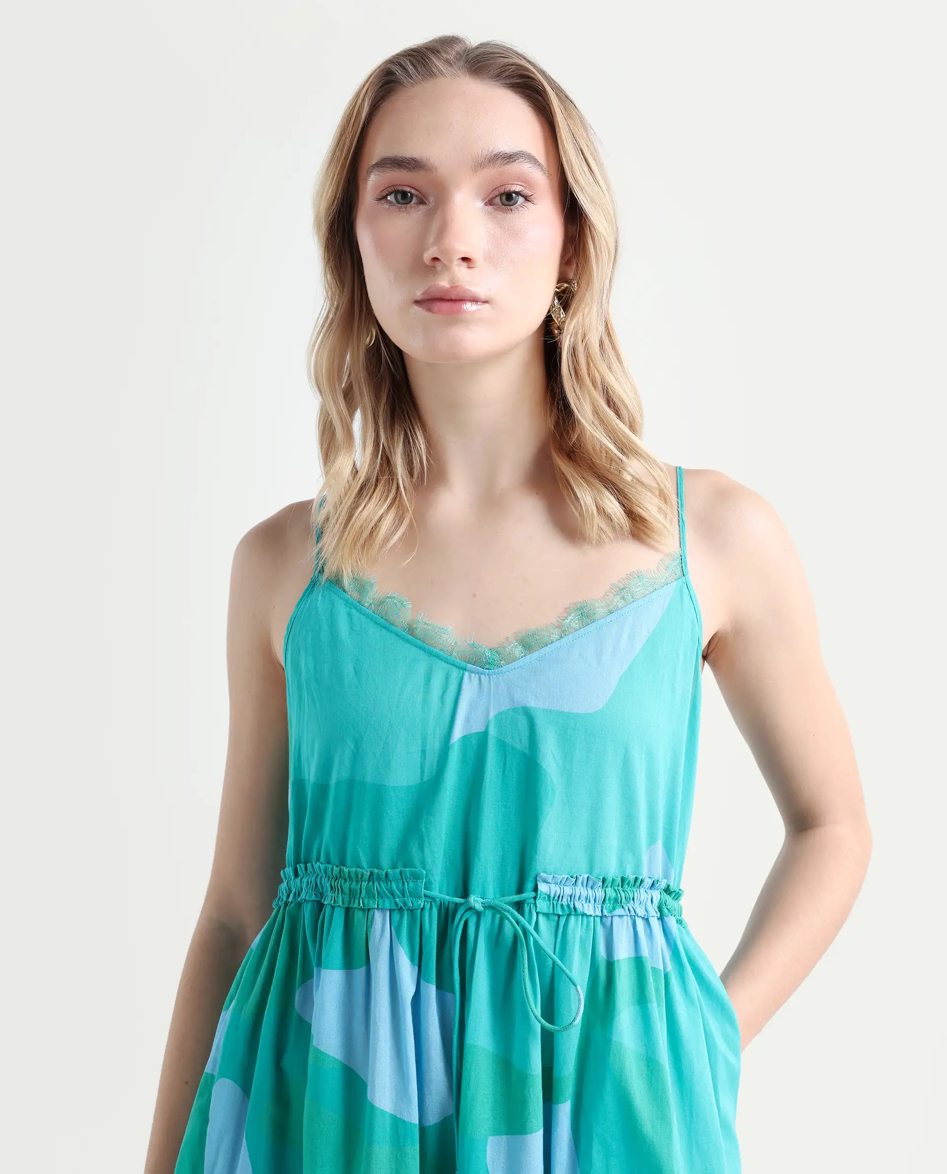 Rareism Women's Reid Green Cotton Shoulder Strap Abstract Print Shoulder Strap Midi Fit And Flare Dress