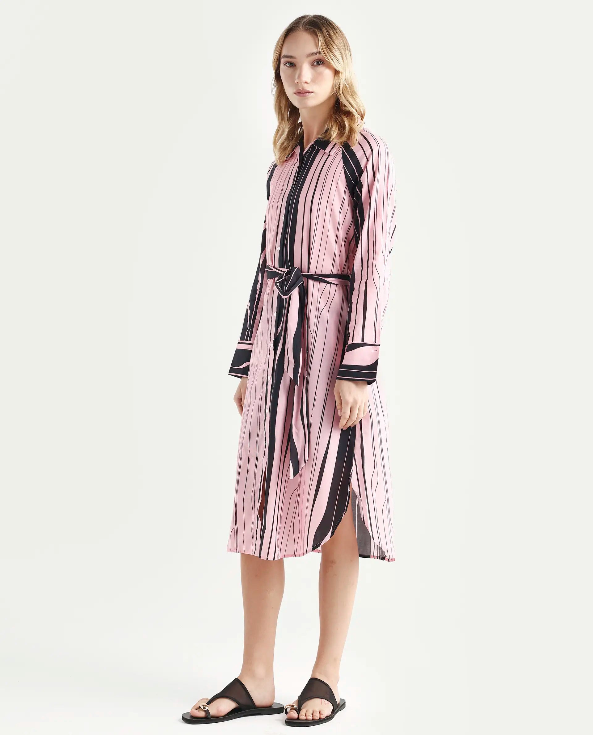 Rareism Women's Fraser Dark Pink Cotton Spread Collar Striped Cuffed Sleeve Midi Fit And Flare Dress