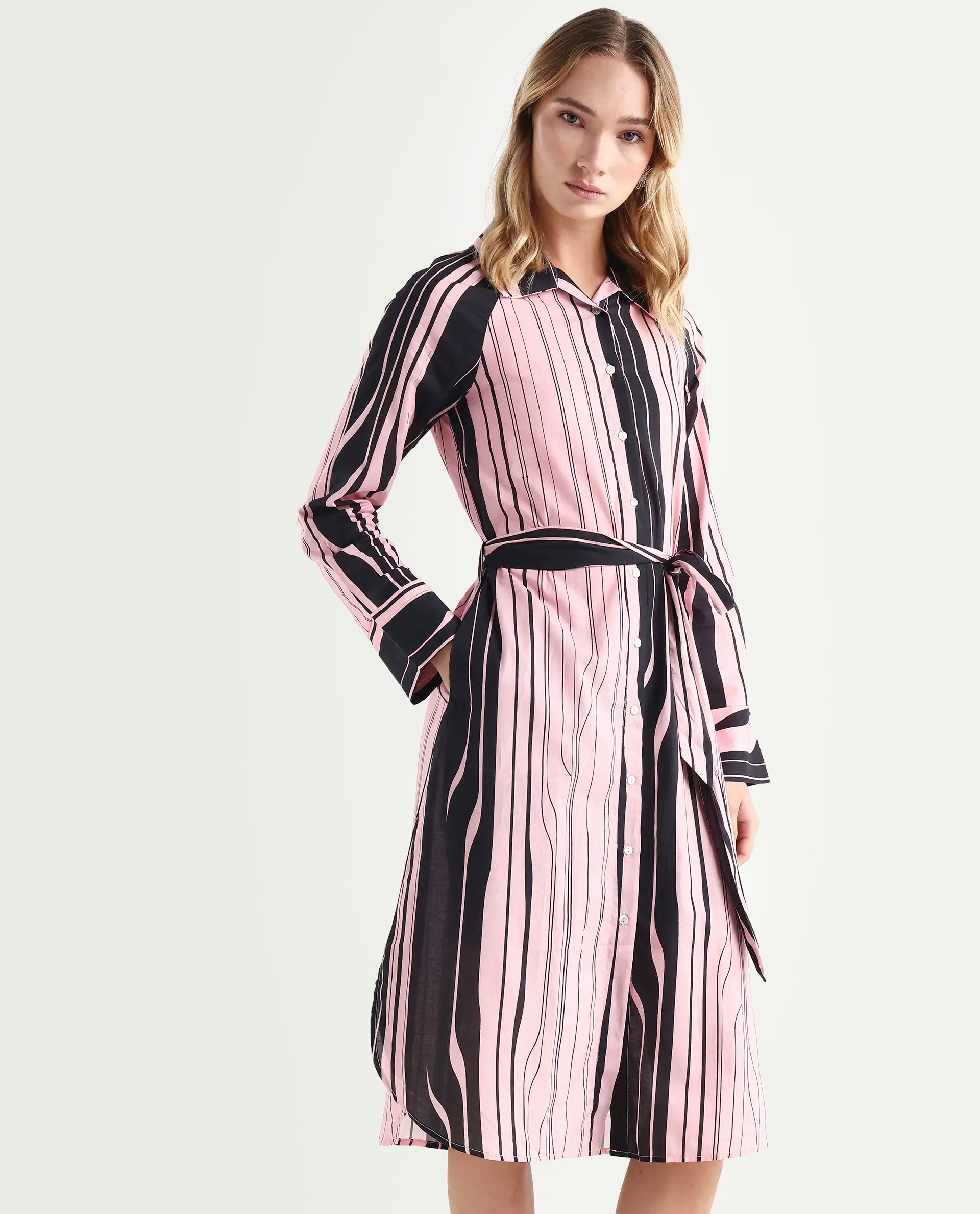 Rareism Women's Fraser Dark Pink Cotton Spread Collar Striped Cuffed Sleeve Midi Fit And Flare Dress