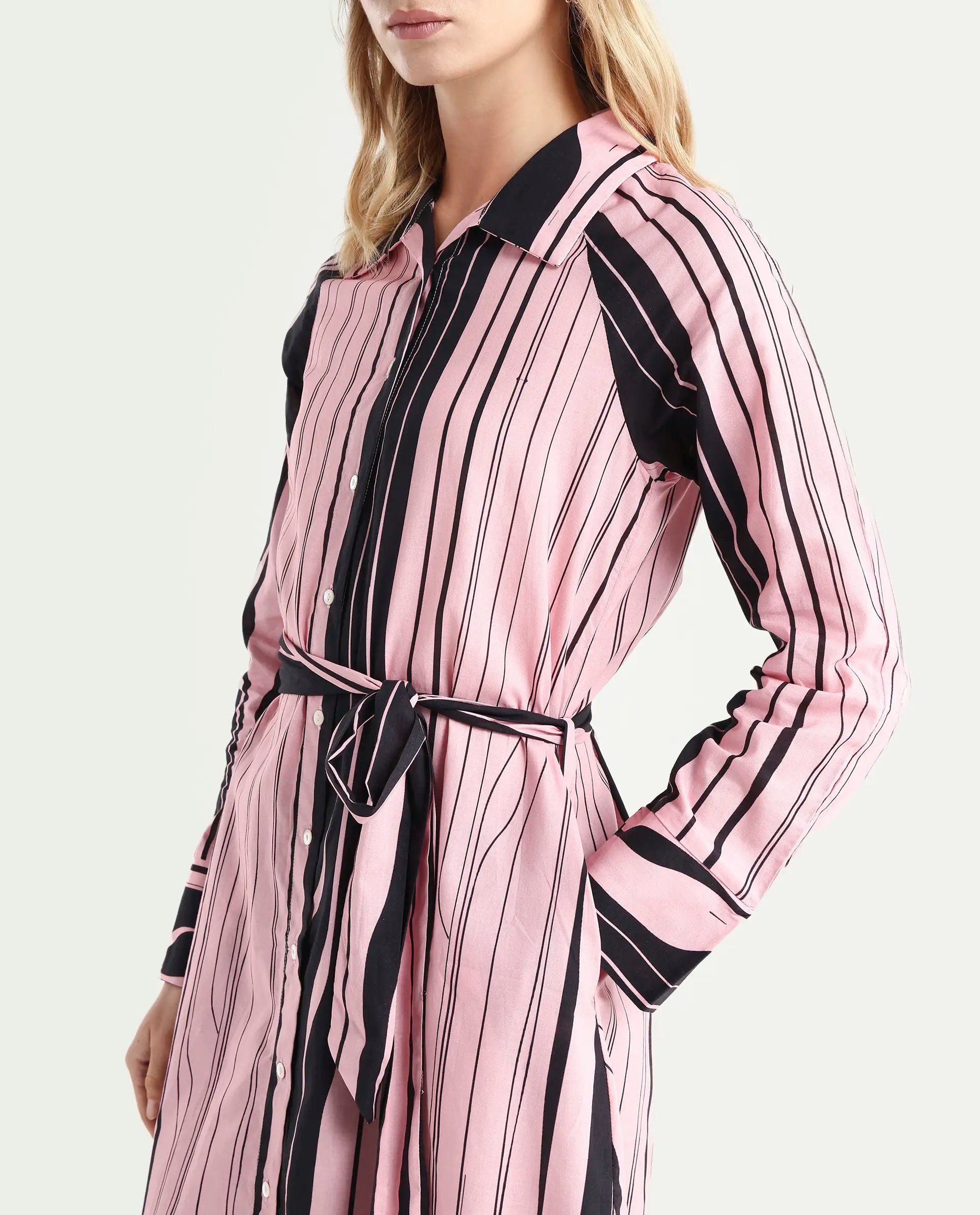 Rareism Women's Fraser Dark Pink Cotton Spread Collar Striped Cuffed Sleeve Midi Fit And Flare Dress