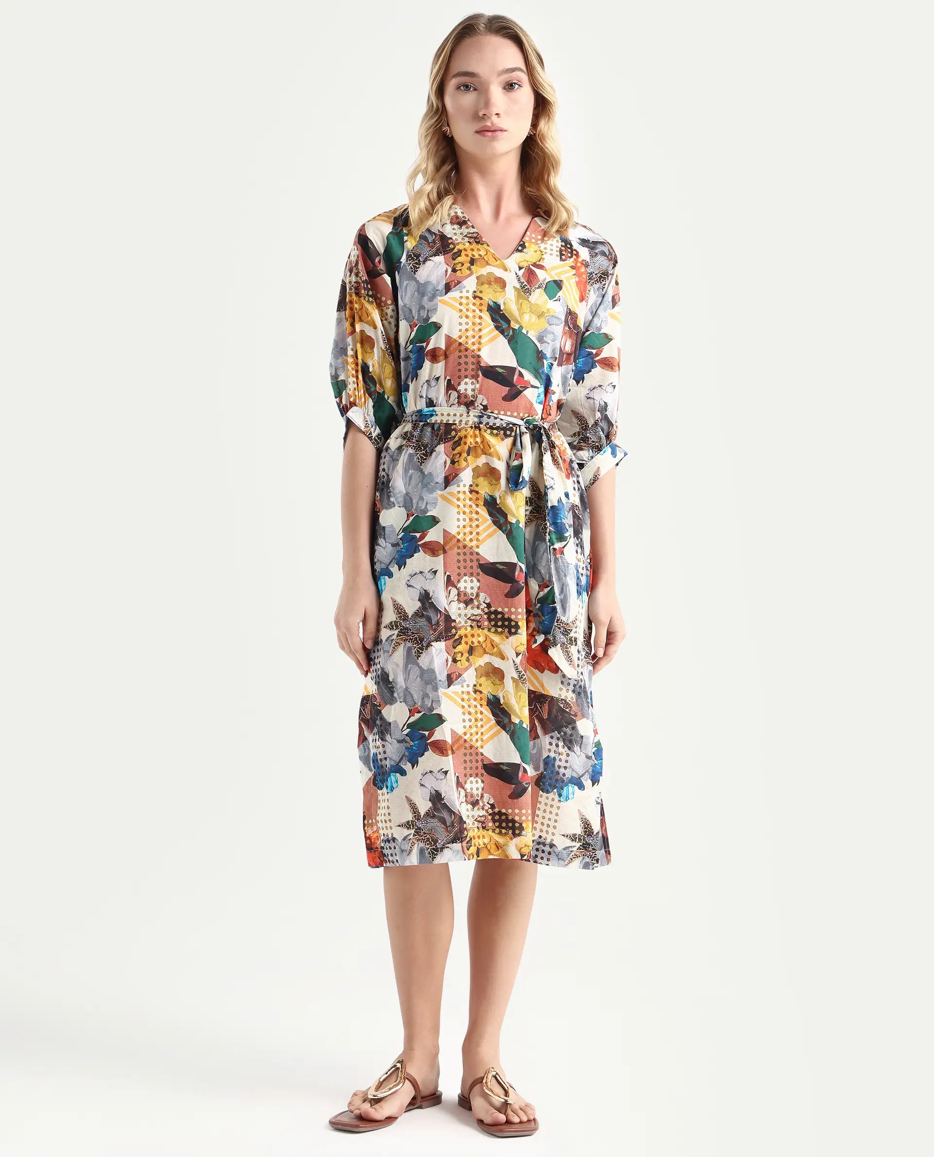 Rareism Women's Hamilton Multi Cotton V-Neck Abstract Print Balloon Sleeve Knee Length Regular Fit Dress