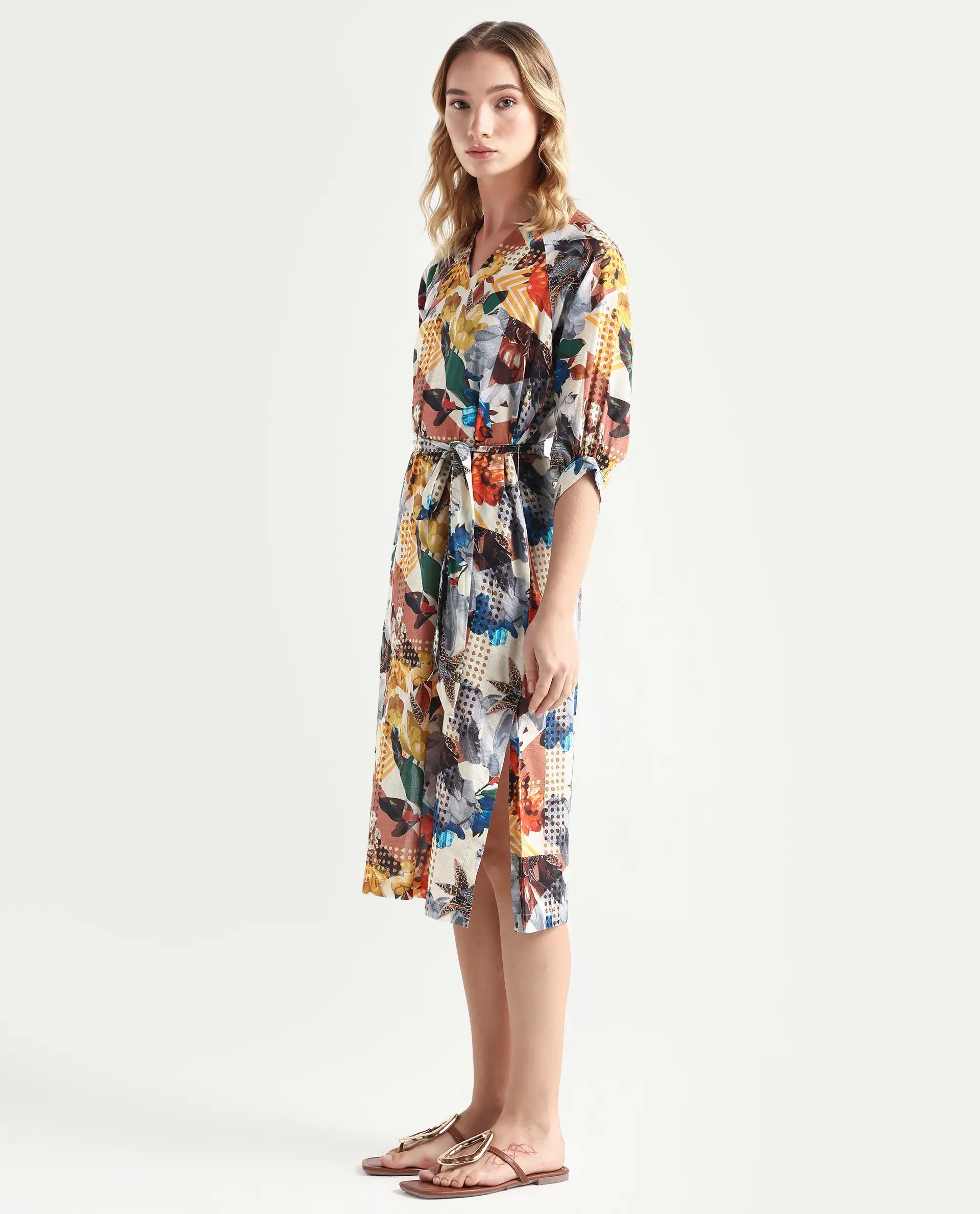 Rareism Women's Hamilton Multi Cotton V-Neck Abstract Print Balloon Sleeve Knee Length Regular Fit Dress