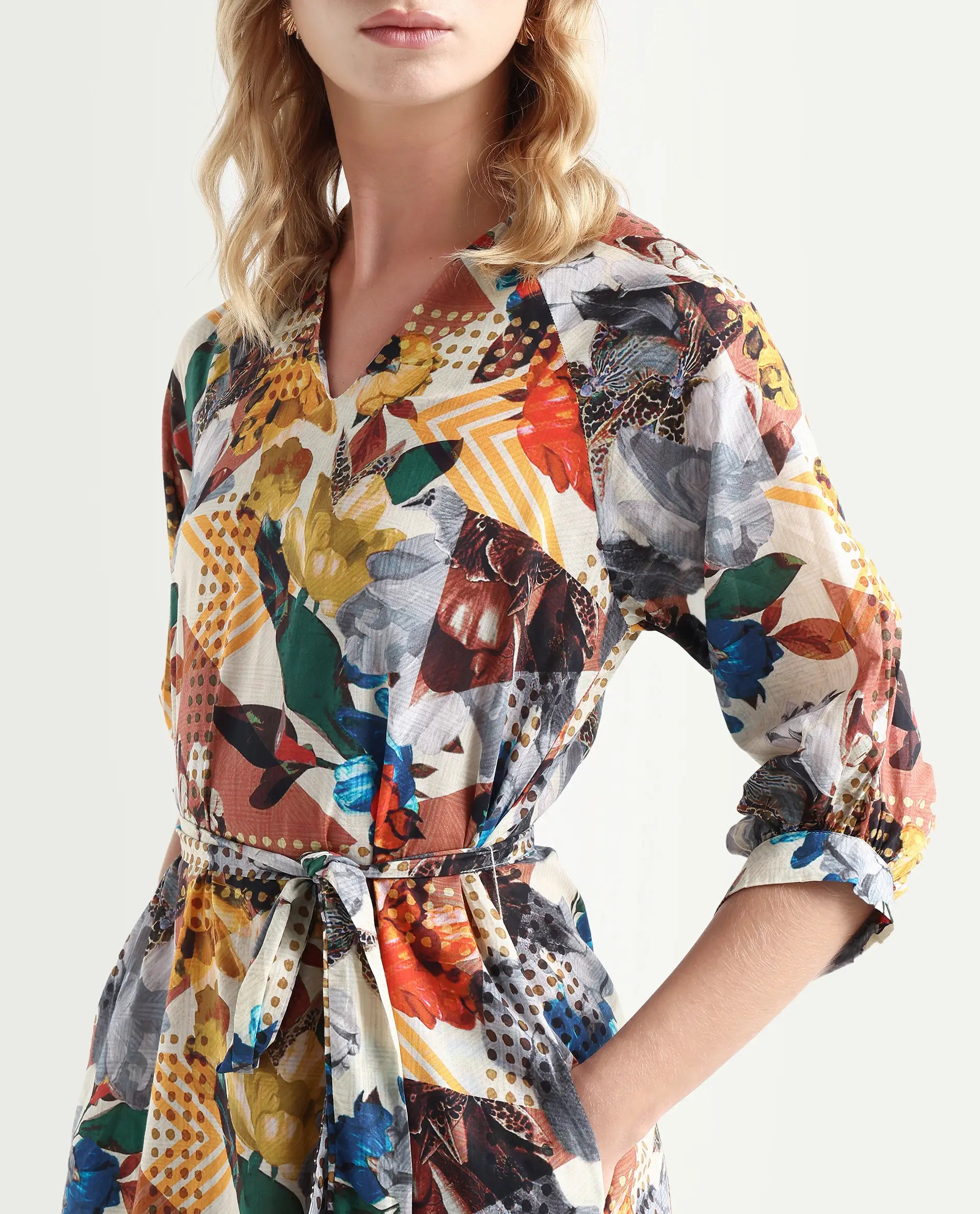 Rareism Women's Hamilton Multi Cotton V-Neck Abstract Print Balloon Sleeve Knee Length Regular Fit Dress