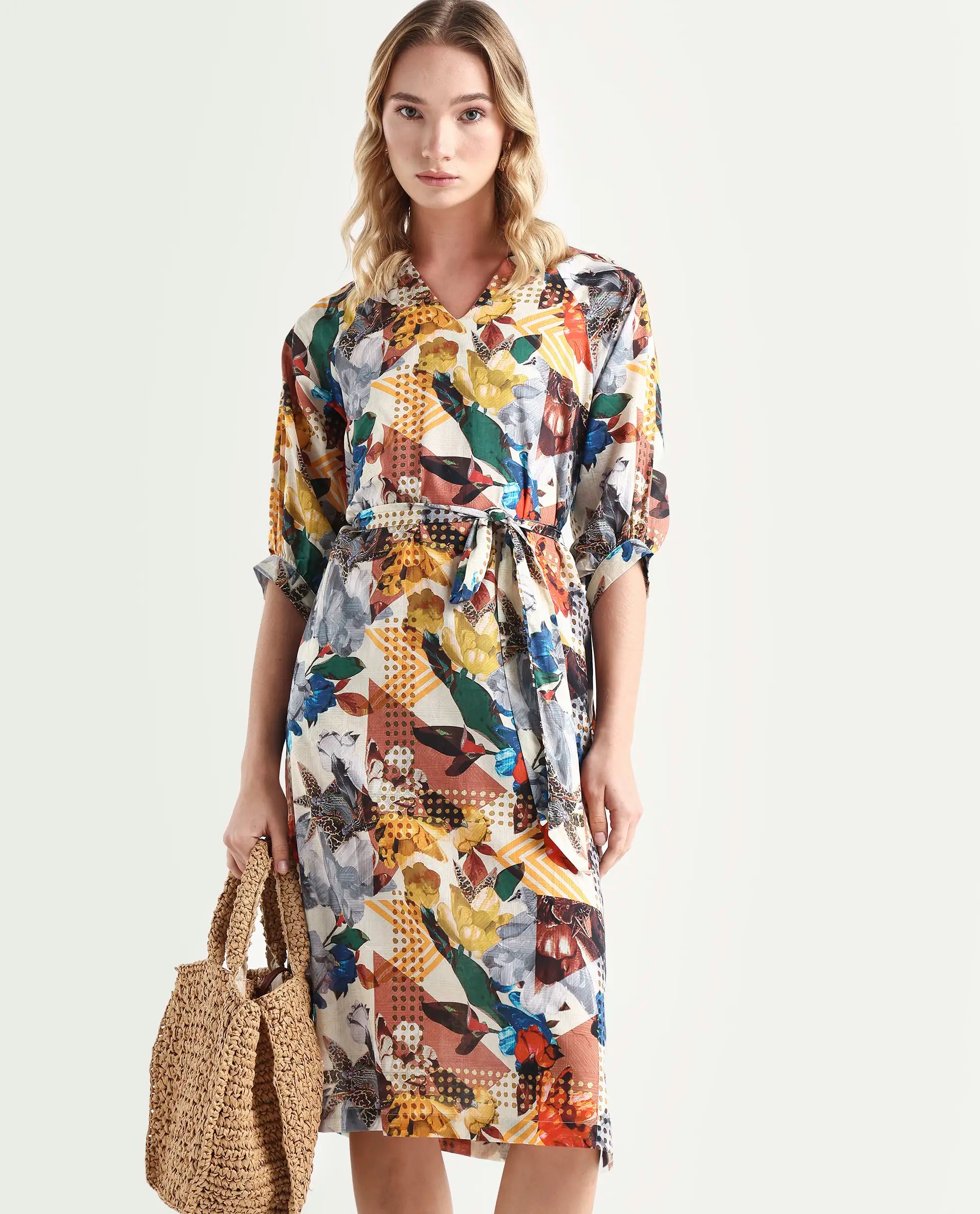 Rareism Women's Hamilton Multi Cotton V-Neck Abstract Print Balloon Sleeve Knee Length Regular Fit Dress