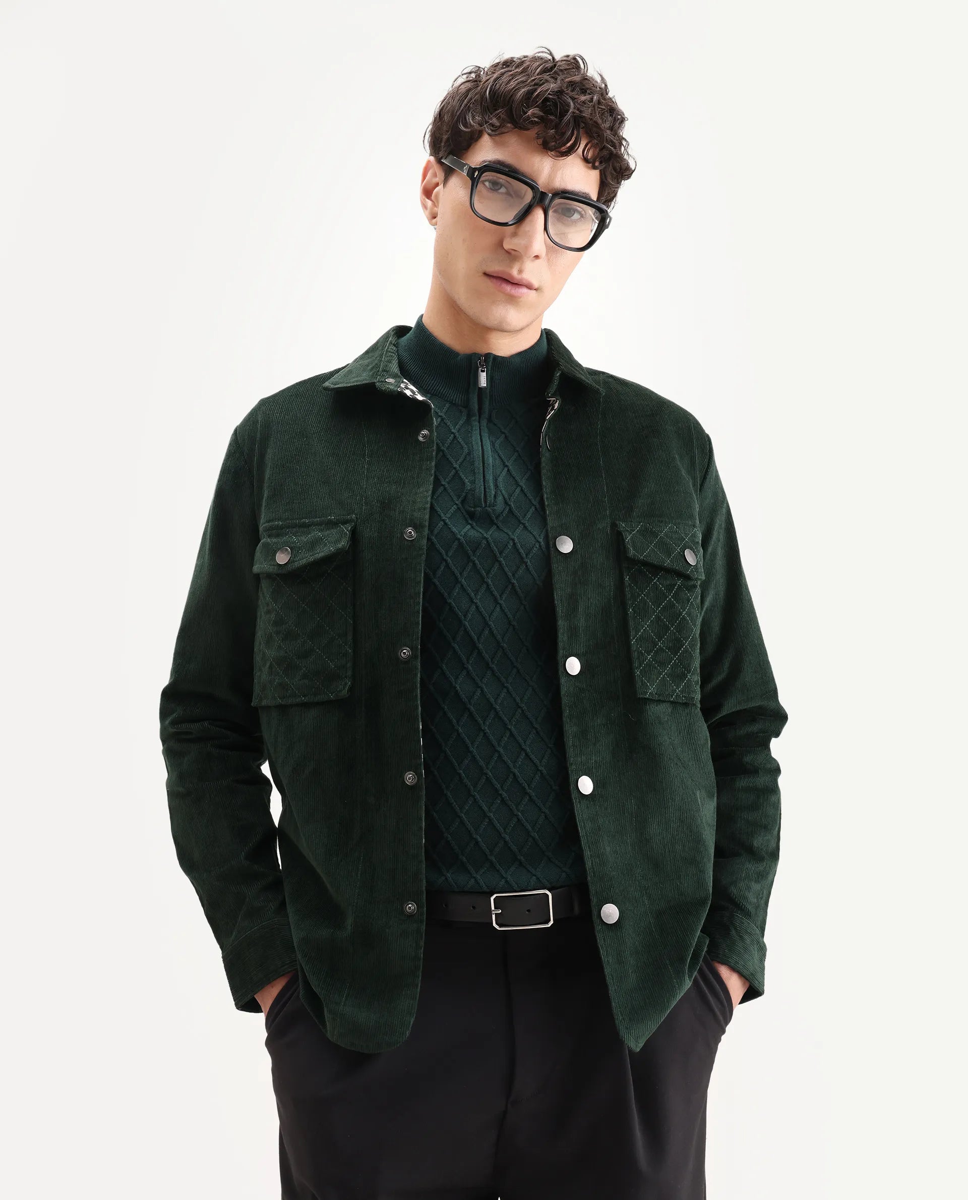 Rare Rabbit Men's Upto Dark Green Cotton Plain Regular Fit Full Sleeve Spread Collar Jacket