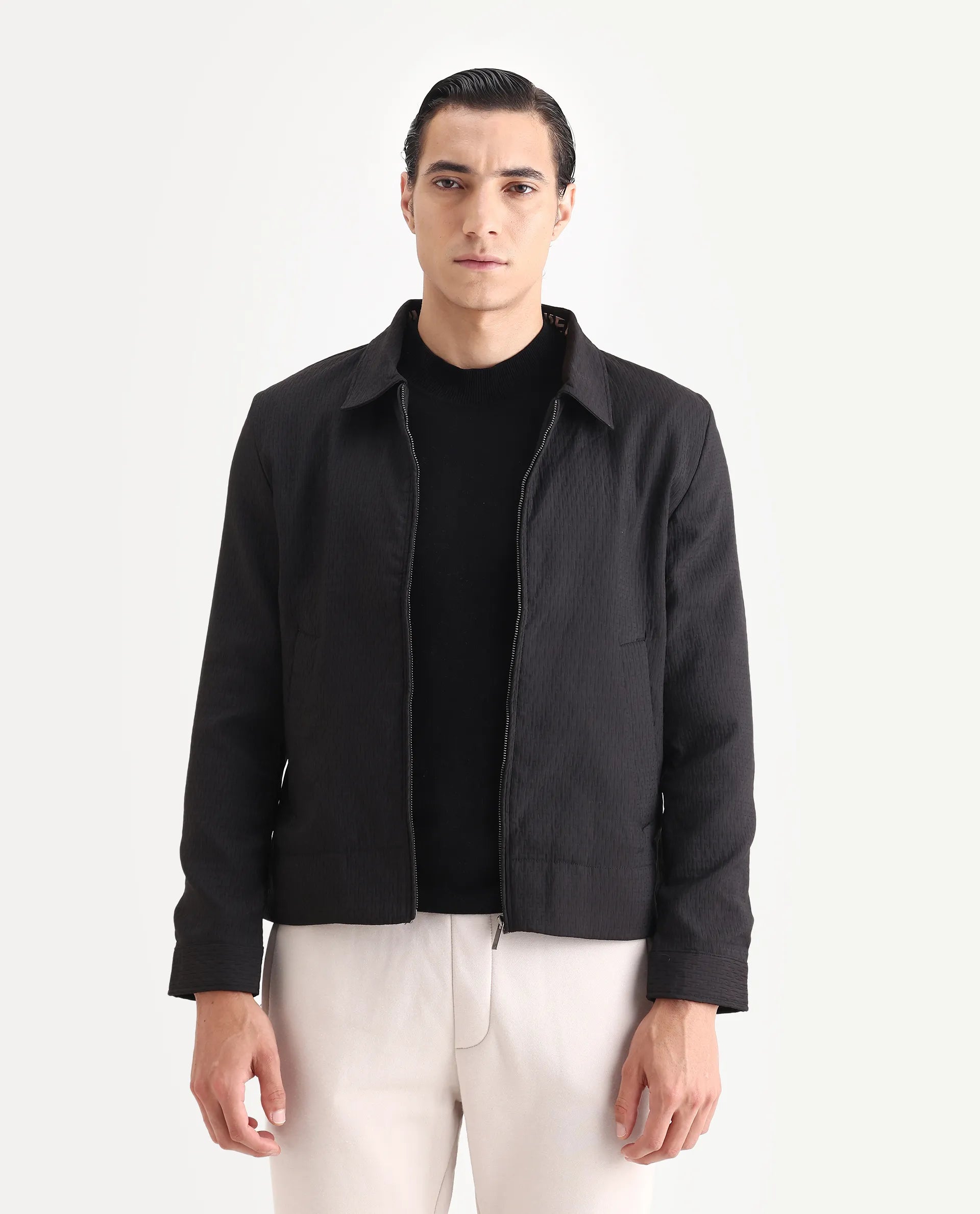Rare Rabbit Men's Harbin Black Polyester Jacquard Regular Fit Full Sleeve Spread Collar Jacket