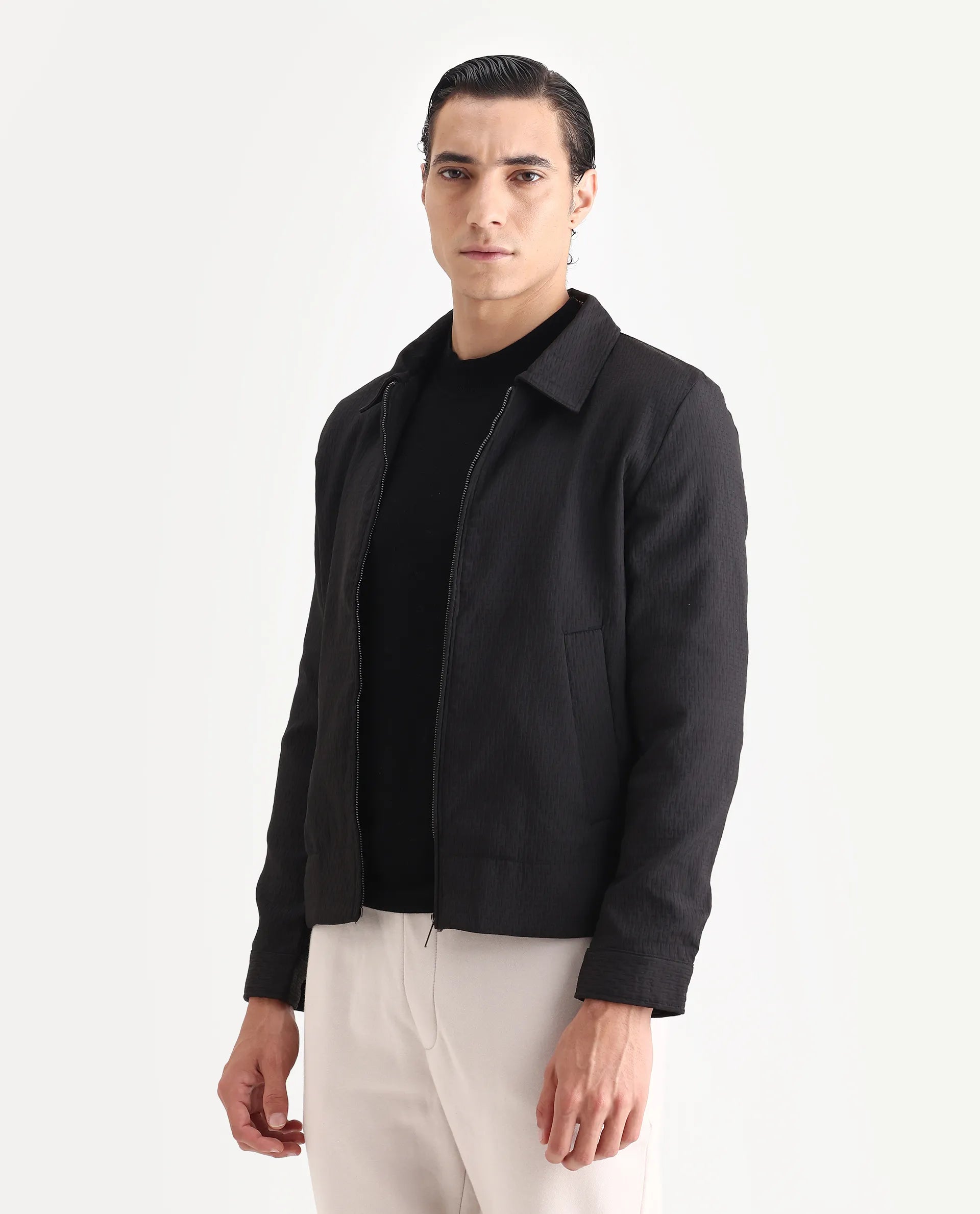 Rare Rabbit Men's Harbin Black Polyester Jacquard Regular Fit Full Sleeve Spread Collar Jacket