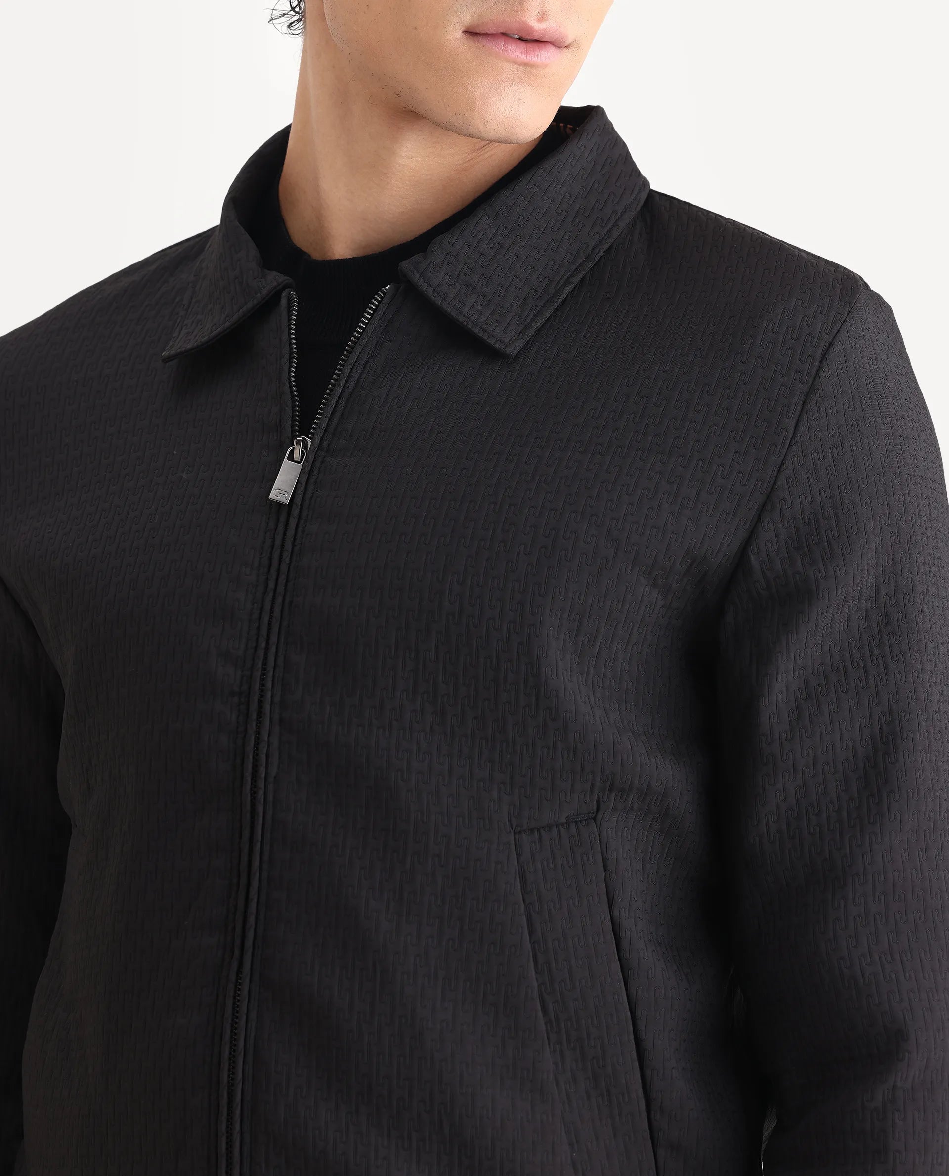 Rare Rabbit Men's Harbin Black Polyester Jacquard Regular Fit Full Sleeve Spread Collar Jacket