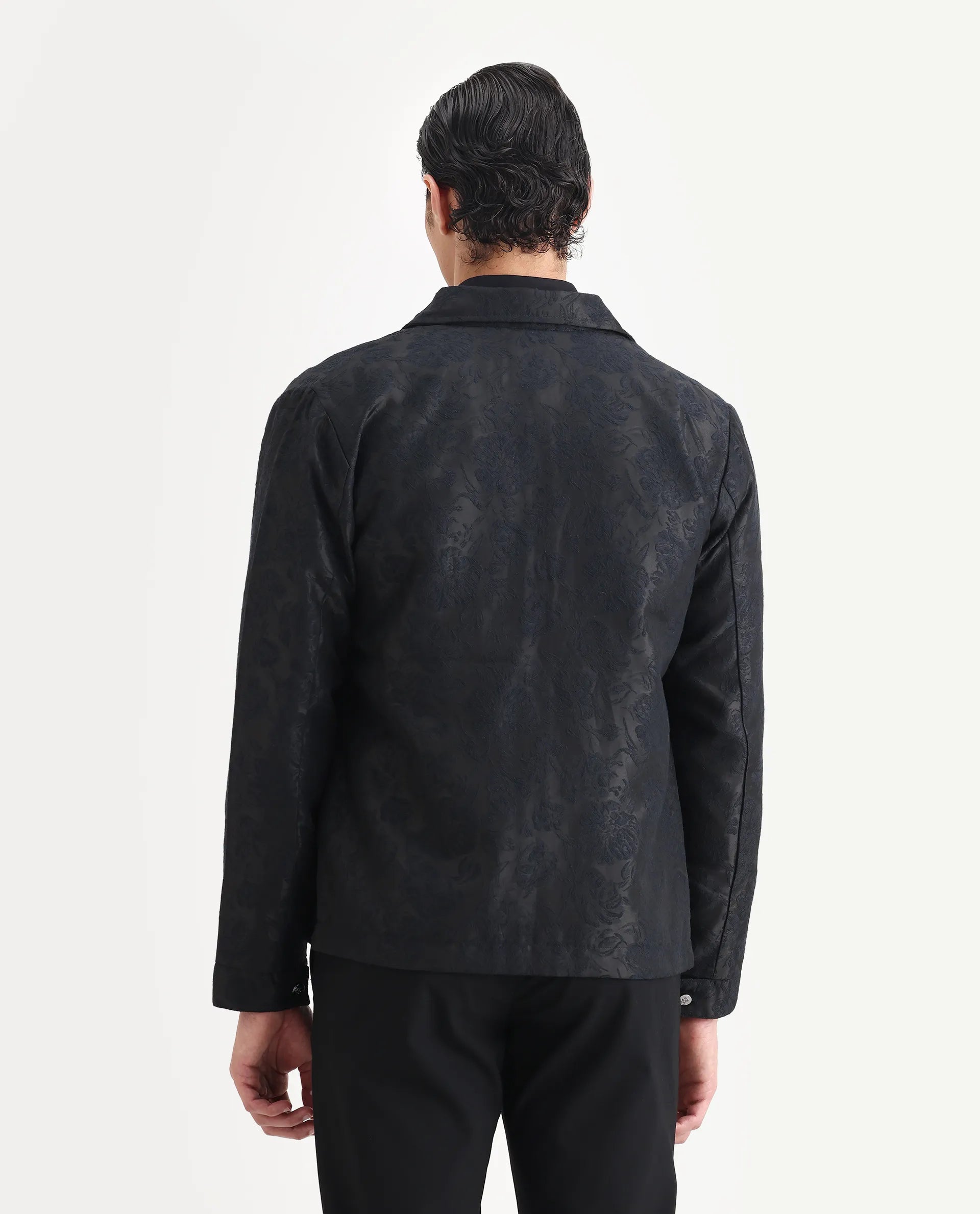 Rare Rabbit Men's Braga Dark Navy Polyester Jacquard Regular Fit Full Sleeve Spread Collar Jacket