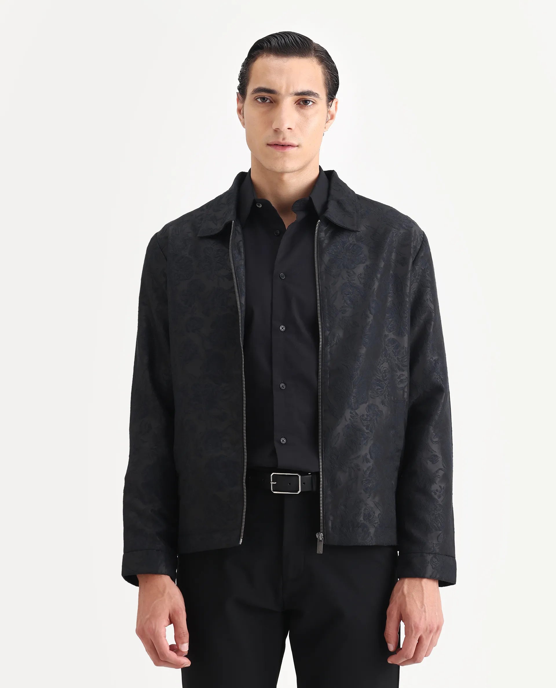 Rare Rabbit Men's Braga Dark Navy Polyester Jacquard Regular Fit Full Sleeve Spread Collar Jacket