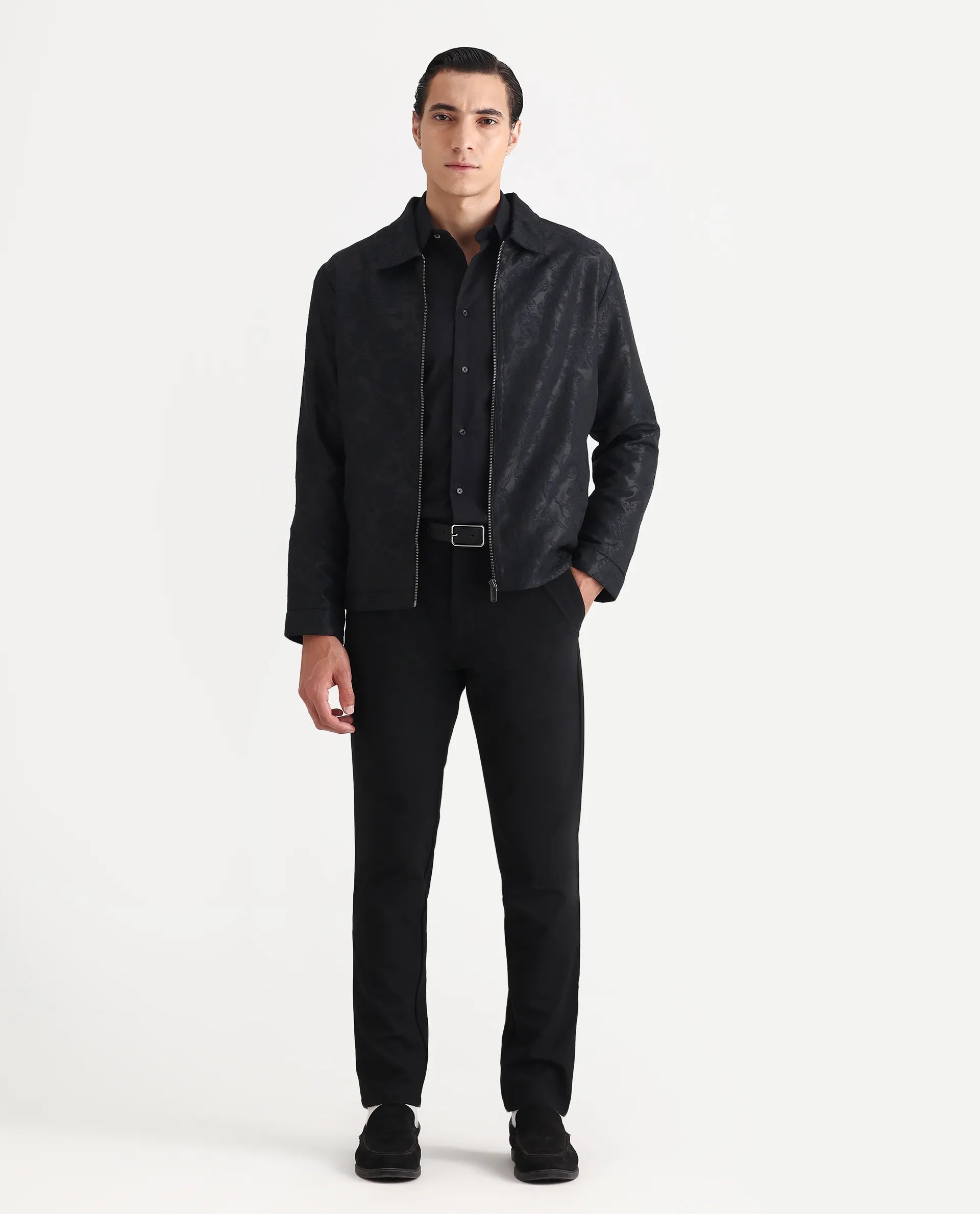 Rare Rabbit Men's Braga Dark Navy Polyester Jacquard Regular Fit Full Sleeve Spread Collar Jacket