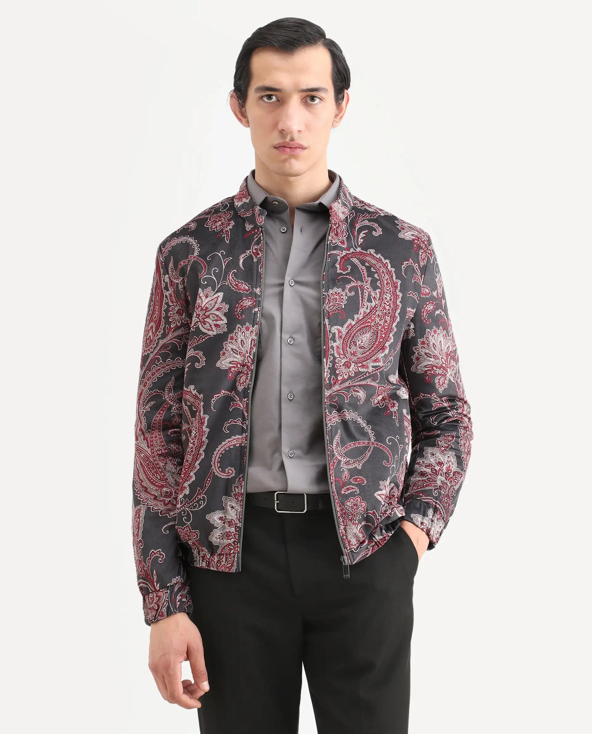 Rare Rabbit Men's Dalia Black Polyester Paisley Print Regular Fit Full Sleeve Mandarin Collar Jacket