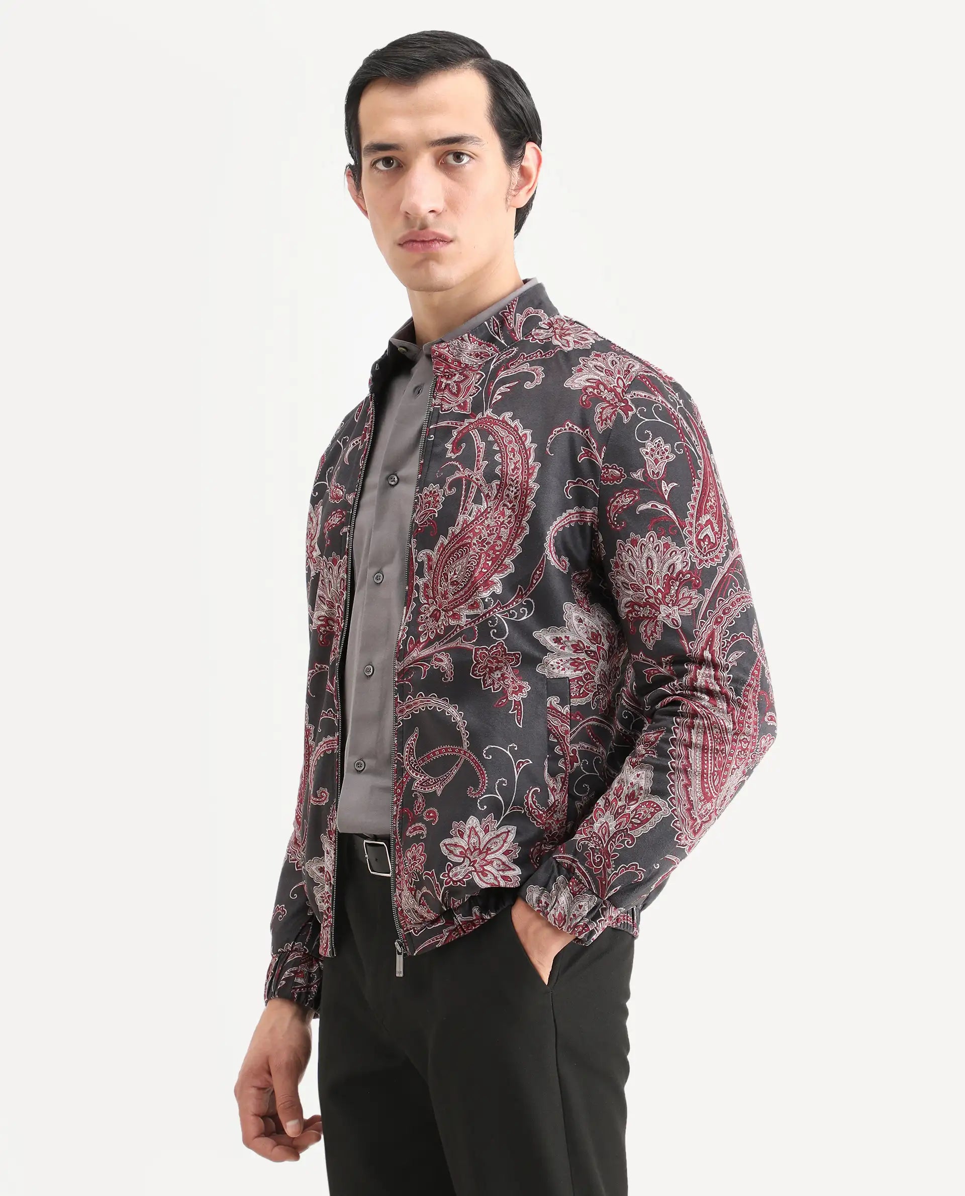 Rare Rabbit Men's Dalia Black Polyester Paisley Print Regular Fit Full Sleeve Mandarin Collar Jacket