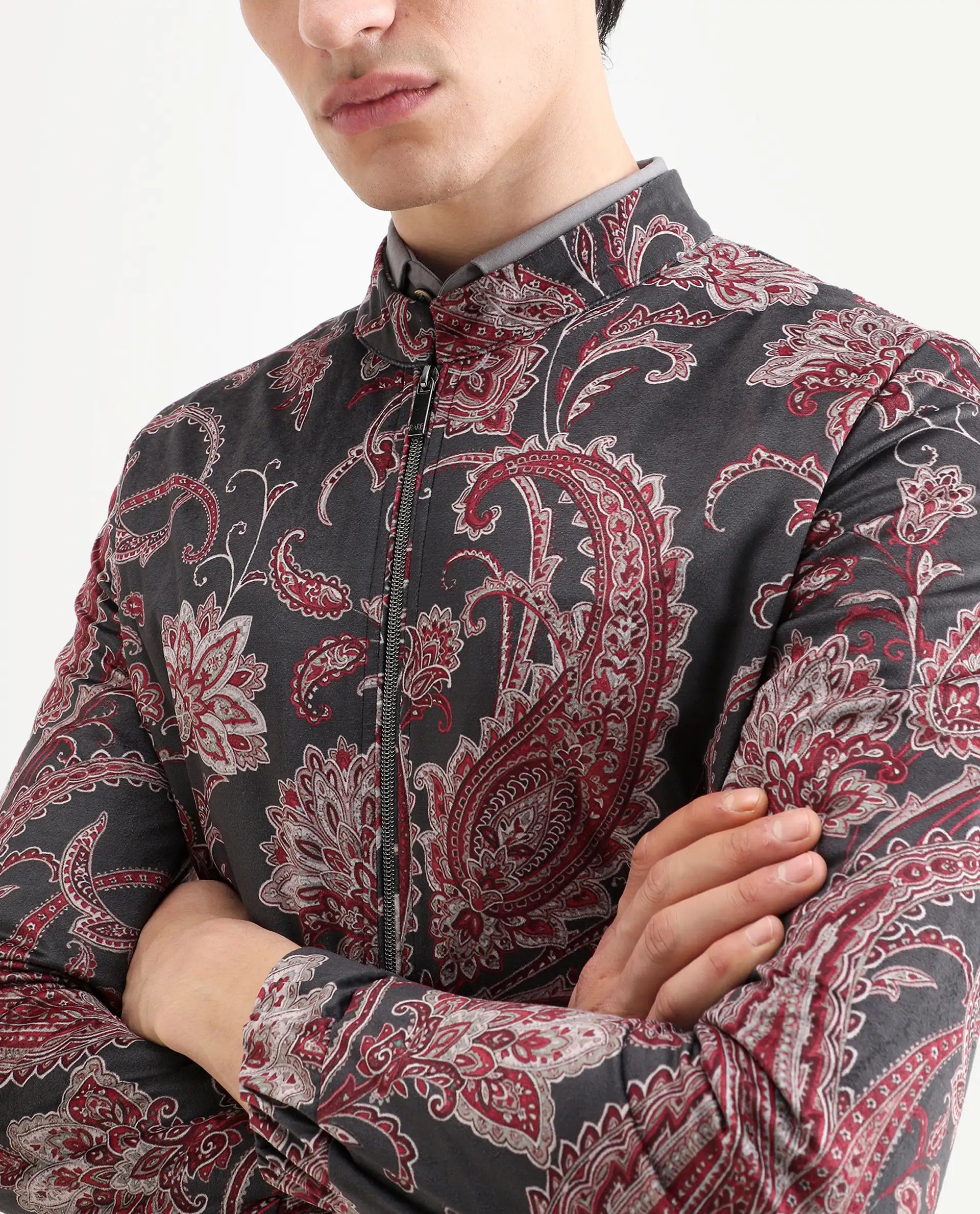 Rare Rabbit Men's Dalia Black Polyester Paisley Print Regular Fit Full Sleeve Mandarin Collar Jacket