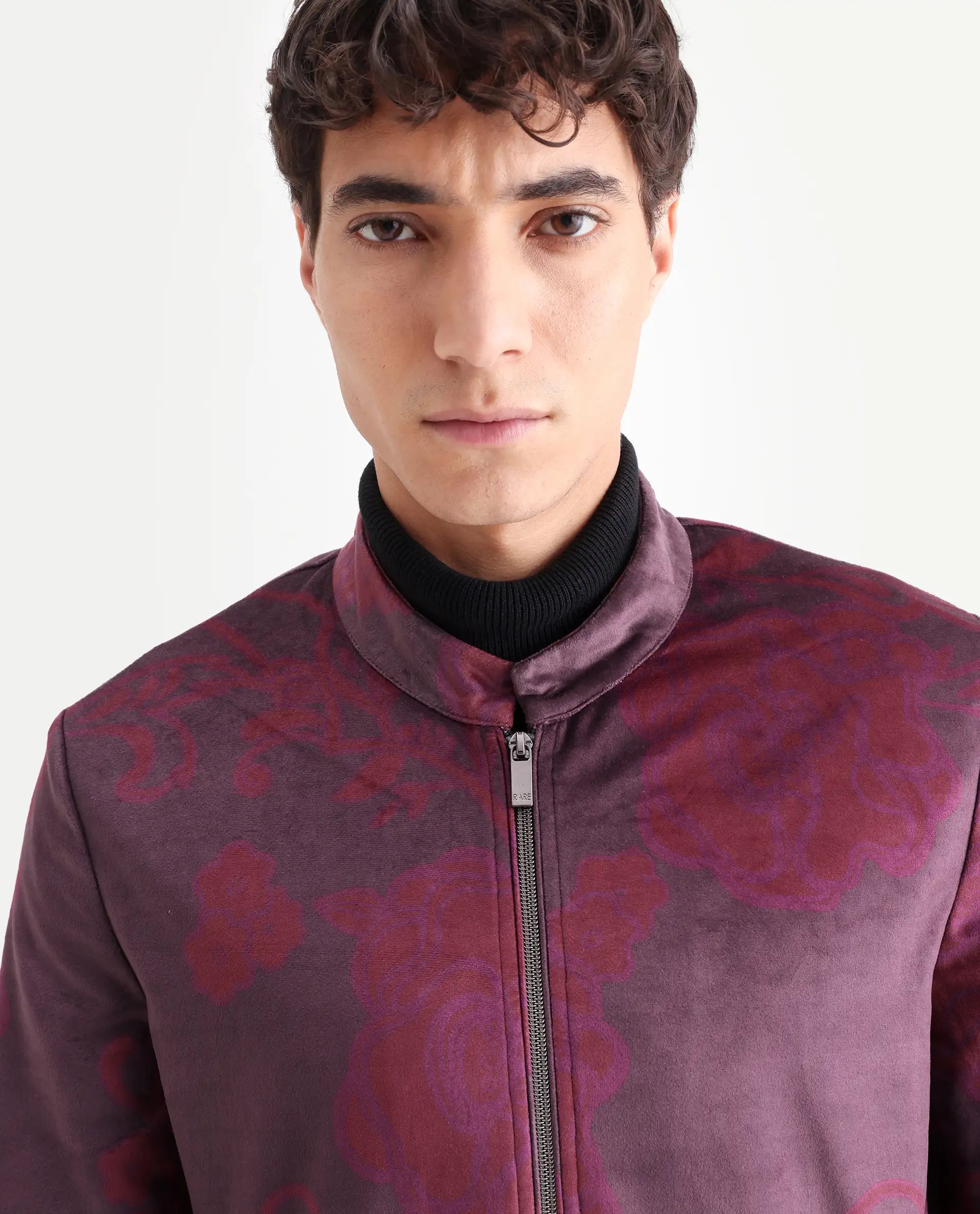 Rare Rabbit Men's Dalia Dark Maroon Polyester Paisley Print Regular Fit Full Sleeve Mandarin Collar Jacket