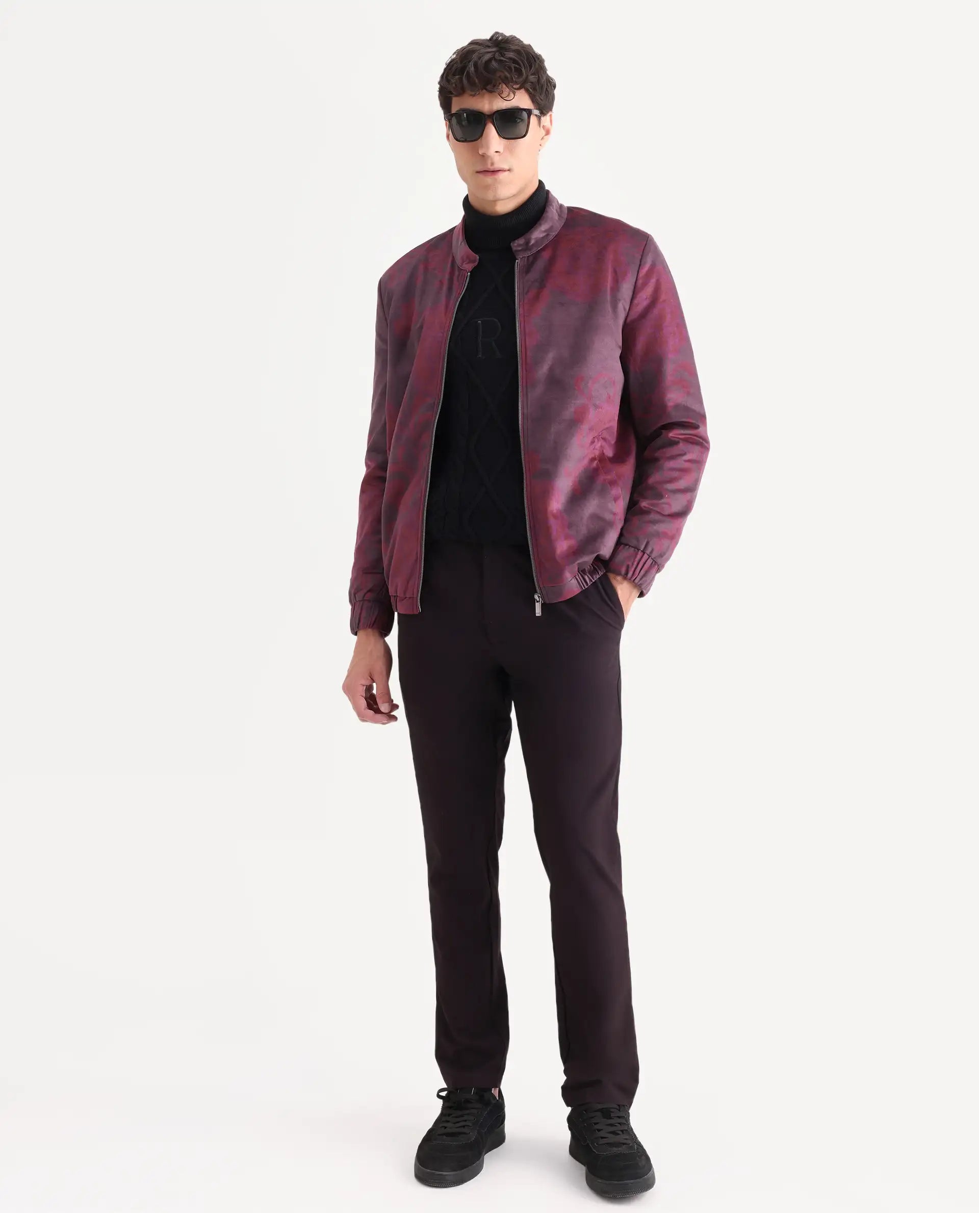 Rare Rabbit Men's Dalia Dark Maroon Polyester Paisley Print Regular Fit Full Sleeve Mandarin Collar Jacket
