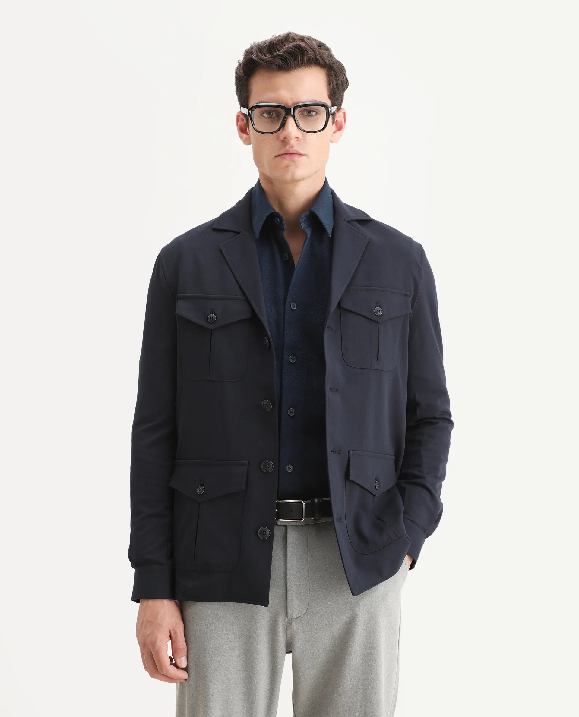 Rare Rabbit Men's Voyage Dark Navy Polyester Plain Tailored Fit Full Sleeve Lapel Neck Jacket